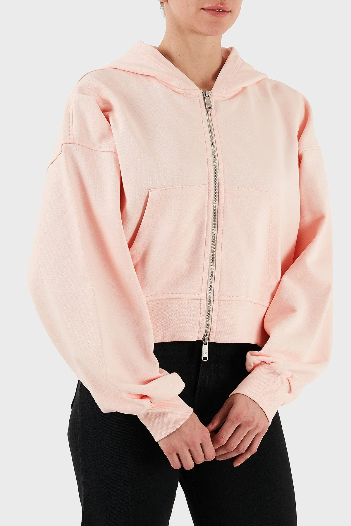 Calvin Klein Pamuklu Oversize Fit Kapüşonlu Fermuarlı Crop LV047C216GVI7 Bayan Sweat LV047C216G VI7 PEMBE - 1