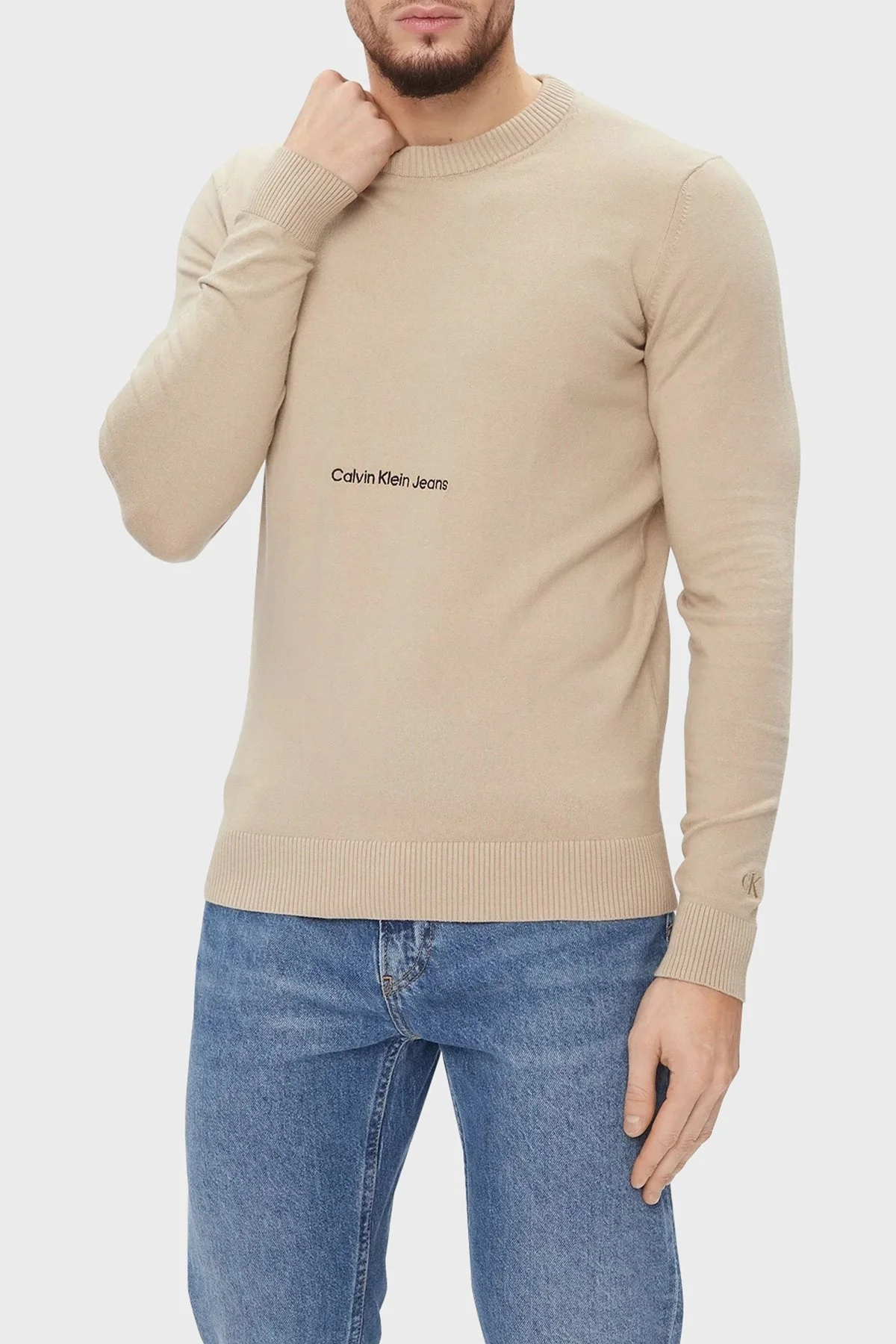 Calvin Klein Pamuklu Regular Fit Bisiklet Yaka J30J324328PED Erkek Kazak J30J324328 PED BEJ - 1