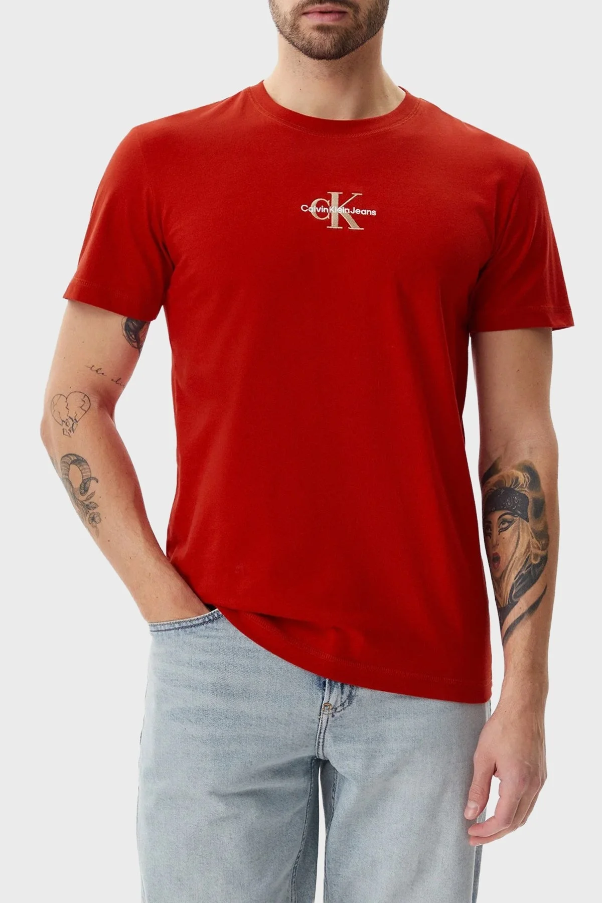 Calvin Klein Pamuklu Regular Fit Bisiklet Yaka Logolu J30J325649XNI Erkek T Shirt J30J325649 XNI KIRMIZI - 11