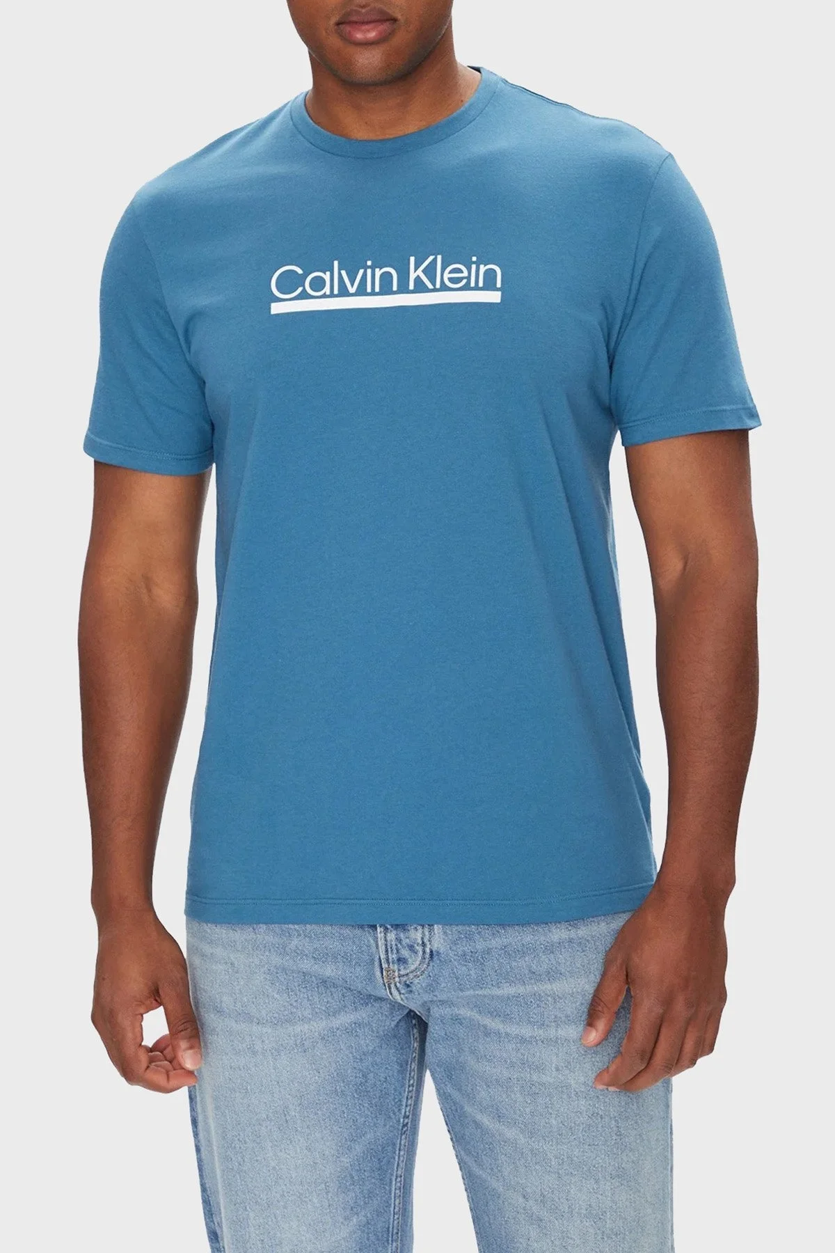Calvin Klein Pamuklu Regular Fit Bisiklet Yaka Logolu LV04RC852GCCY Erkek T Shirt LV04RC852G CCY MAVİ - 1