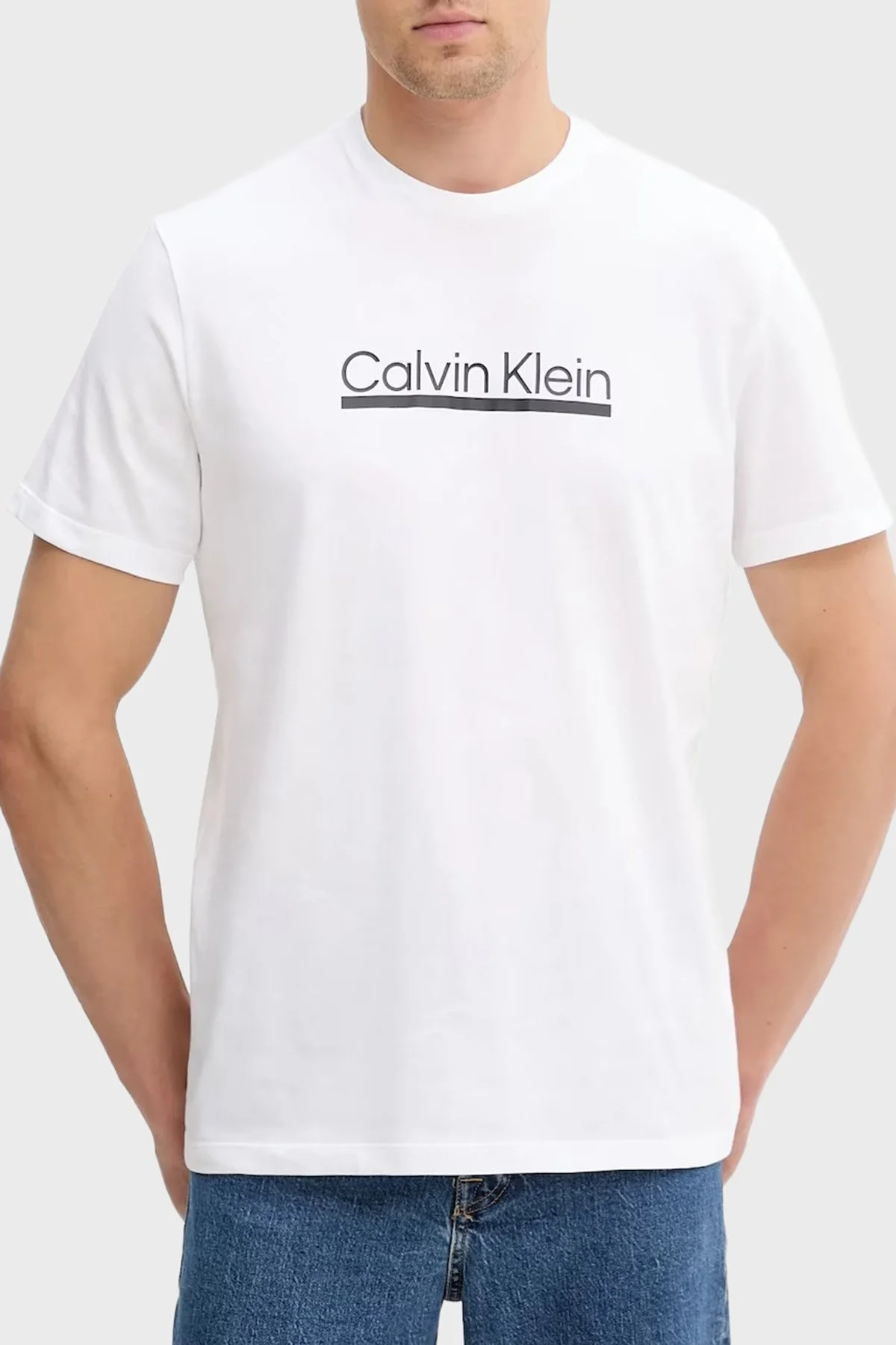 Calvin Klein Pamuklu Regular Fit Bisiklet Yaka Logolu LV04RC852GYAF Erkek T Shirt LV04RC852G YAF BEYAZ - 1