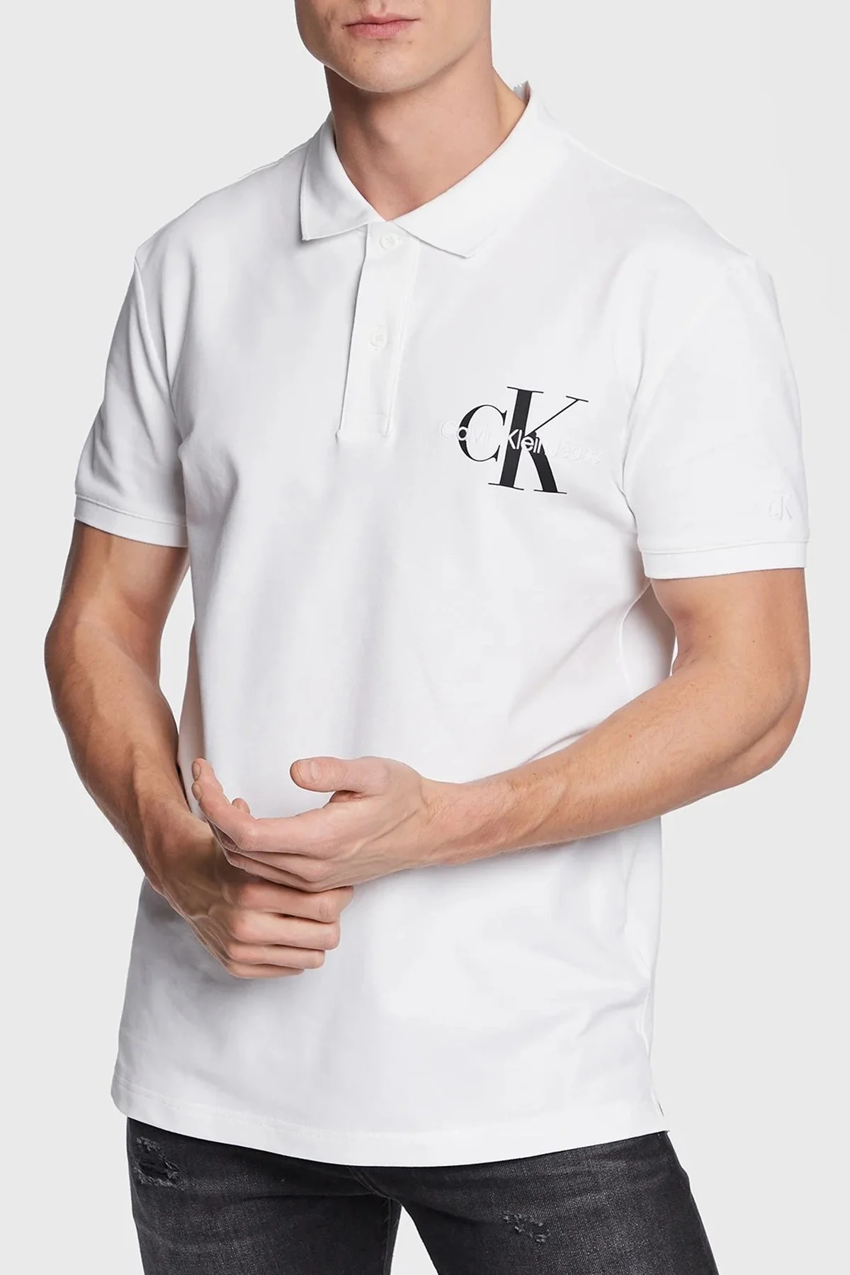 Calvin Klein Pamuklu Regular Fit Düğmeli J30J322851YAF Erkek Polo T Shirt J30J322851 YAF BEYAZ - 1