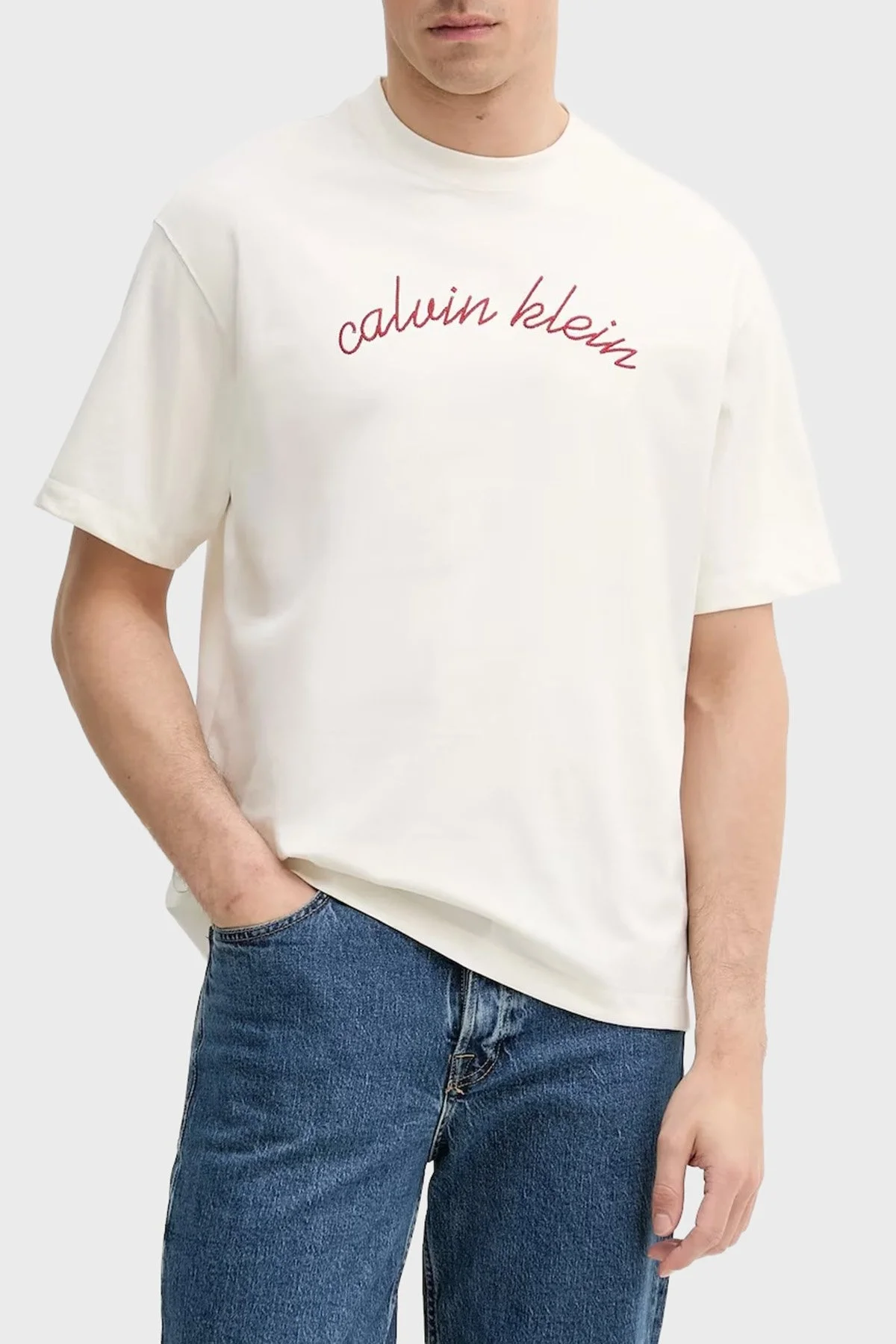 Calvin Klein Pamuklu Regular Fit İşleme Logolu LV04RC225GYAS Erkek T Shirt LV04RC225G YAS BEYAZ - 1