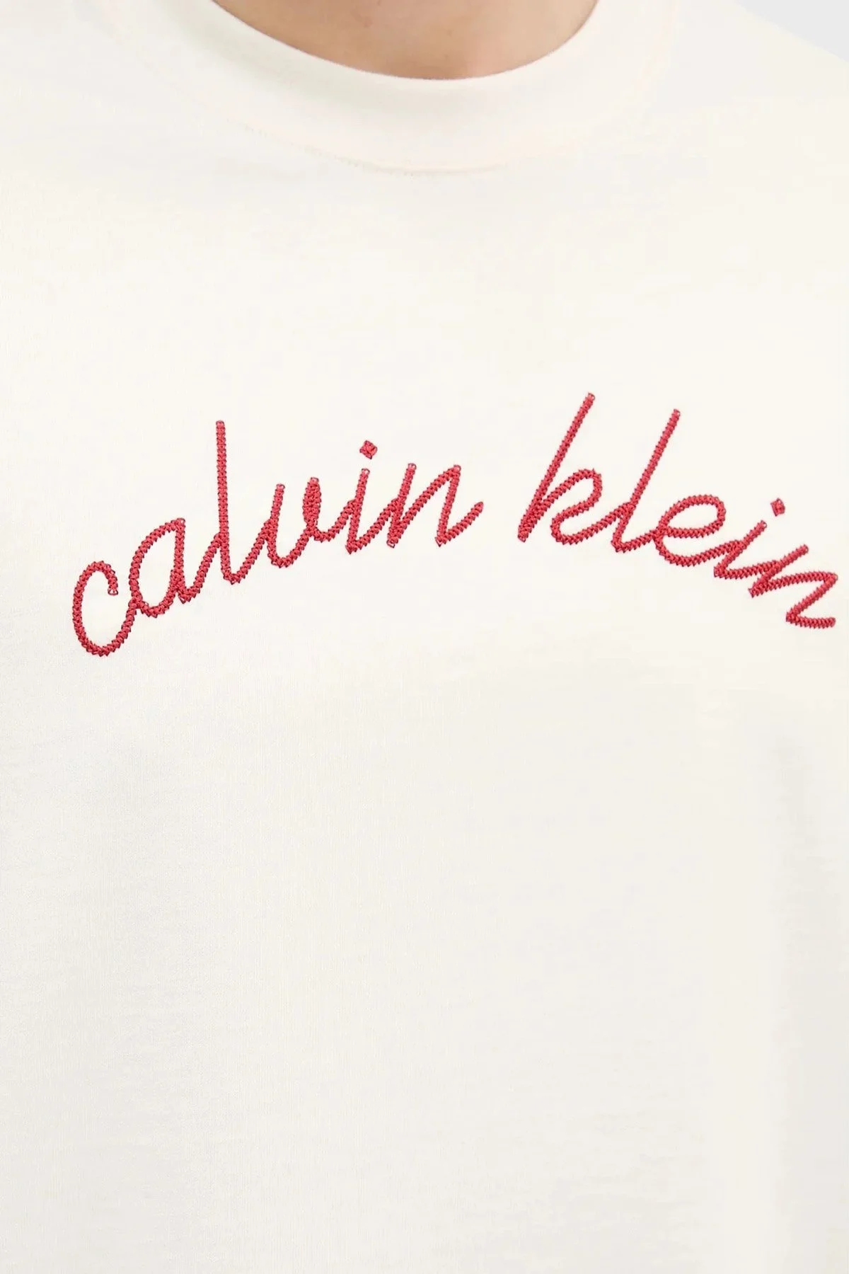Calvin Klein Pamuklu Regular Fit İşleme Logolu LV04RC225GYAS Erkek T Shirt LV04RC225G YAS BEYAZ - 4