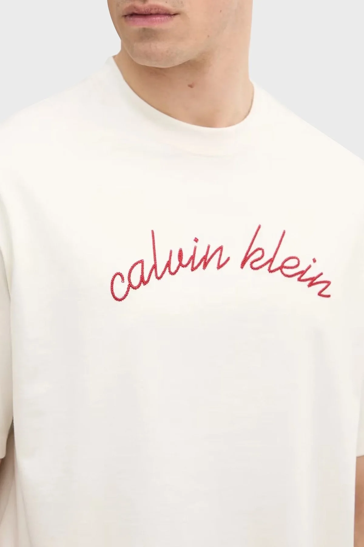 Calvin Klein Pamuklu Regular Fit İşleme Logolu LV04RC225GYAS Erkek T Shirt LV04RC225G YAS BEYAZ - 5