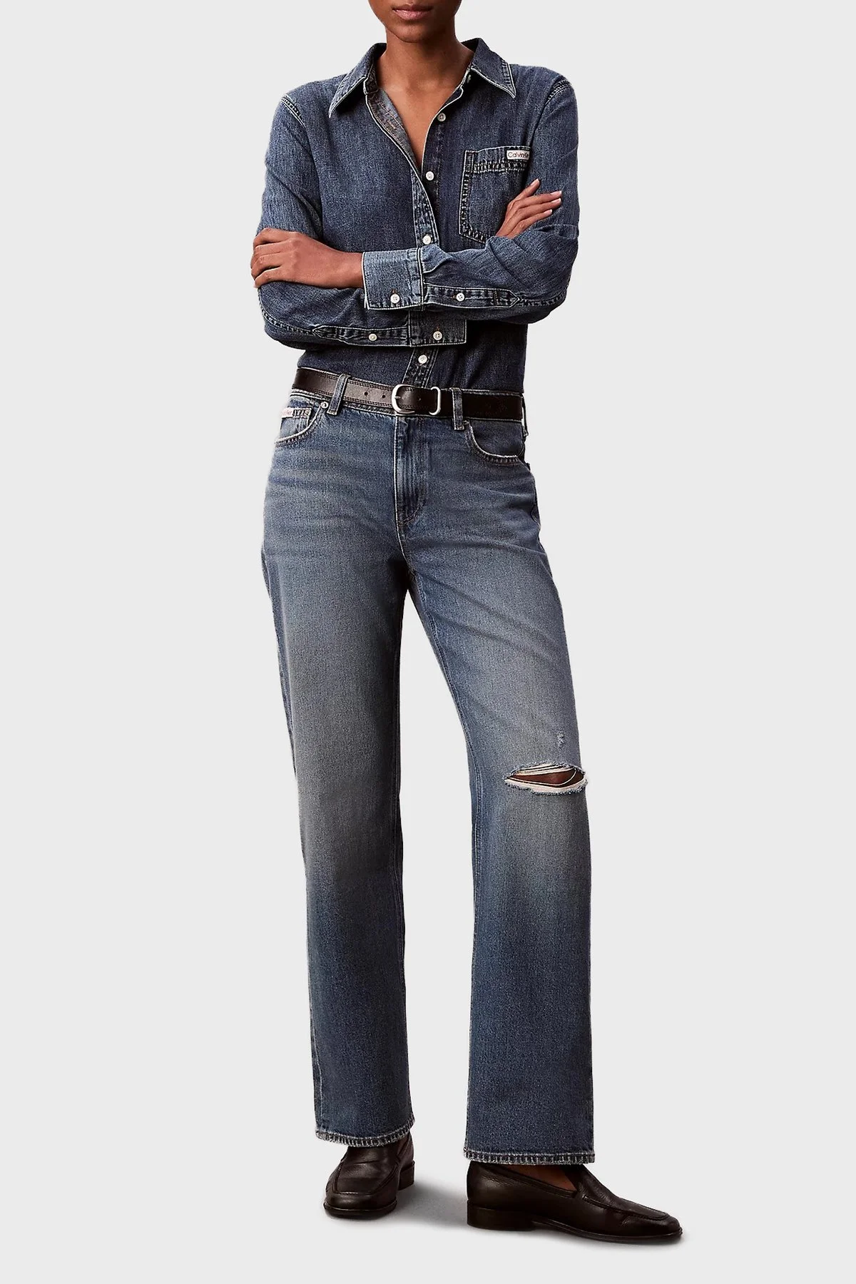 Calvin Klein Pamuklu Regular Fit Klasik Yaka LV047E742G3UA Bayan Kot Gömlek LV047E742G 3UA LACİVERT - 2