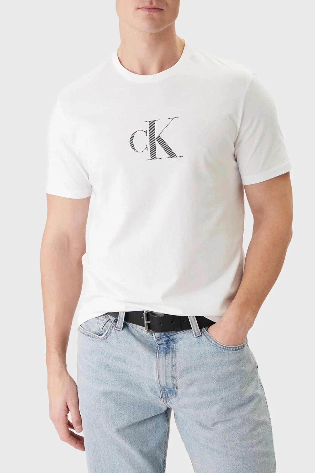 Calvin Klein Pamuklu Regular Fit Logolu Bisiklet Yaka LV04RF853GYAF Erkek T Shirt LV04RF853G YAF BEYAZ - 1