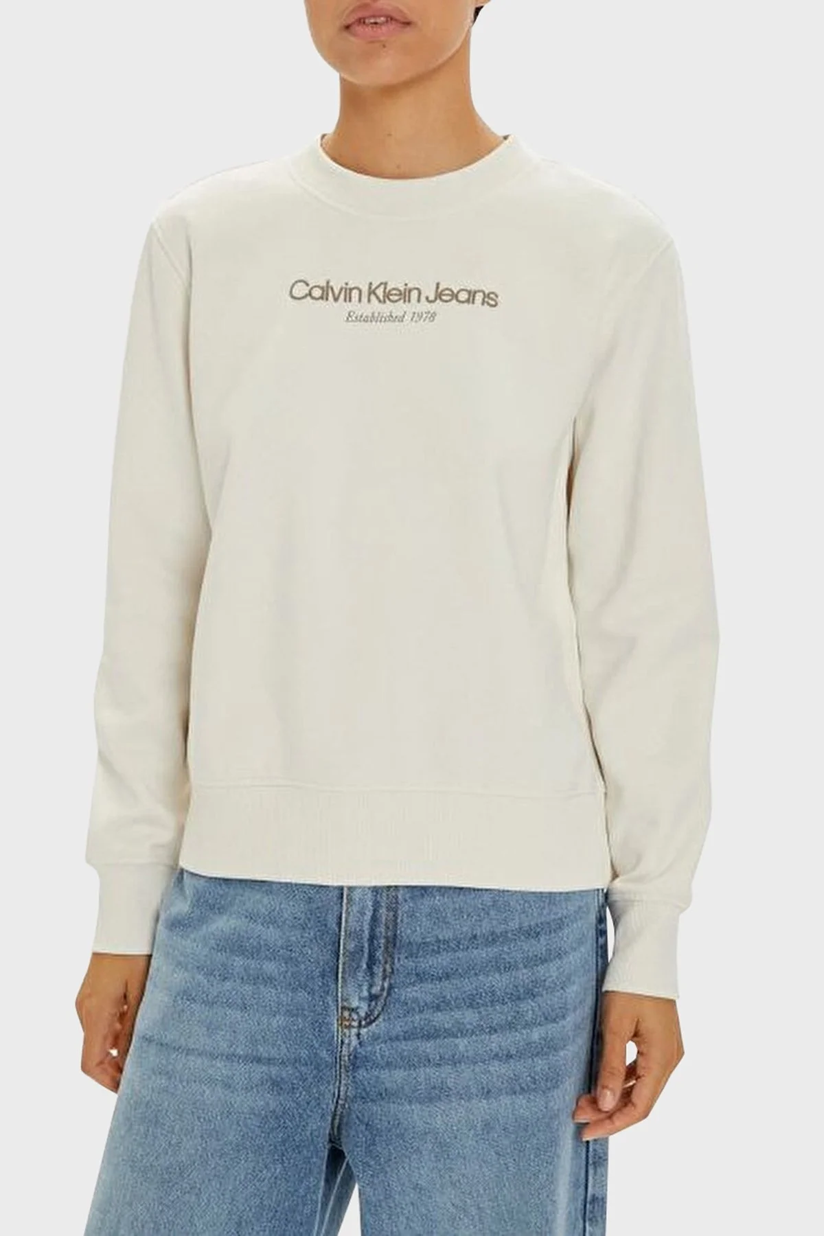 Calvin Klein Pamuklu Regular Fit Logolu J20J224913YBI Bayan Sweat J20J224913 YBI EKRU - 6