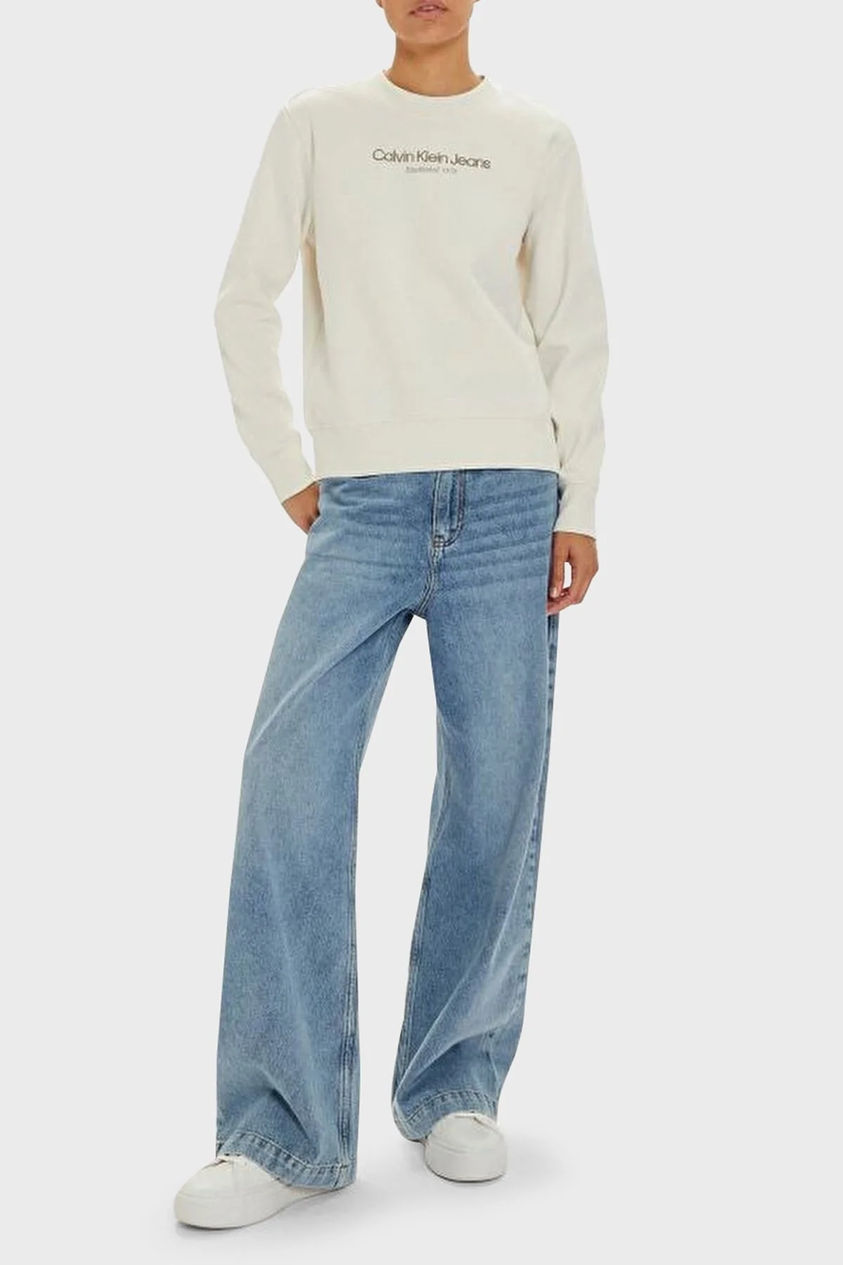 Calvin Klein Pamuklu Regular Fit Logolu J20J224913YBI Bayan Sweat J20J224913 YBI EKRU - 7