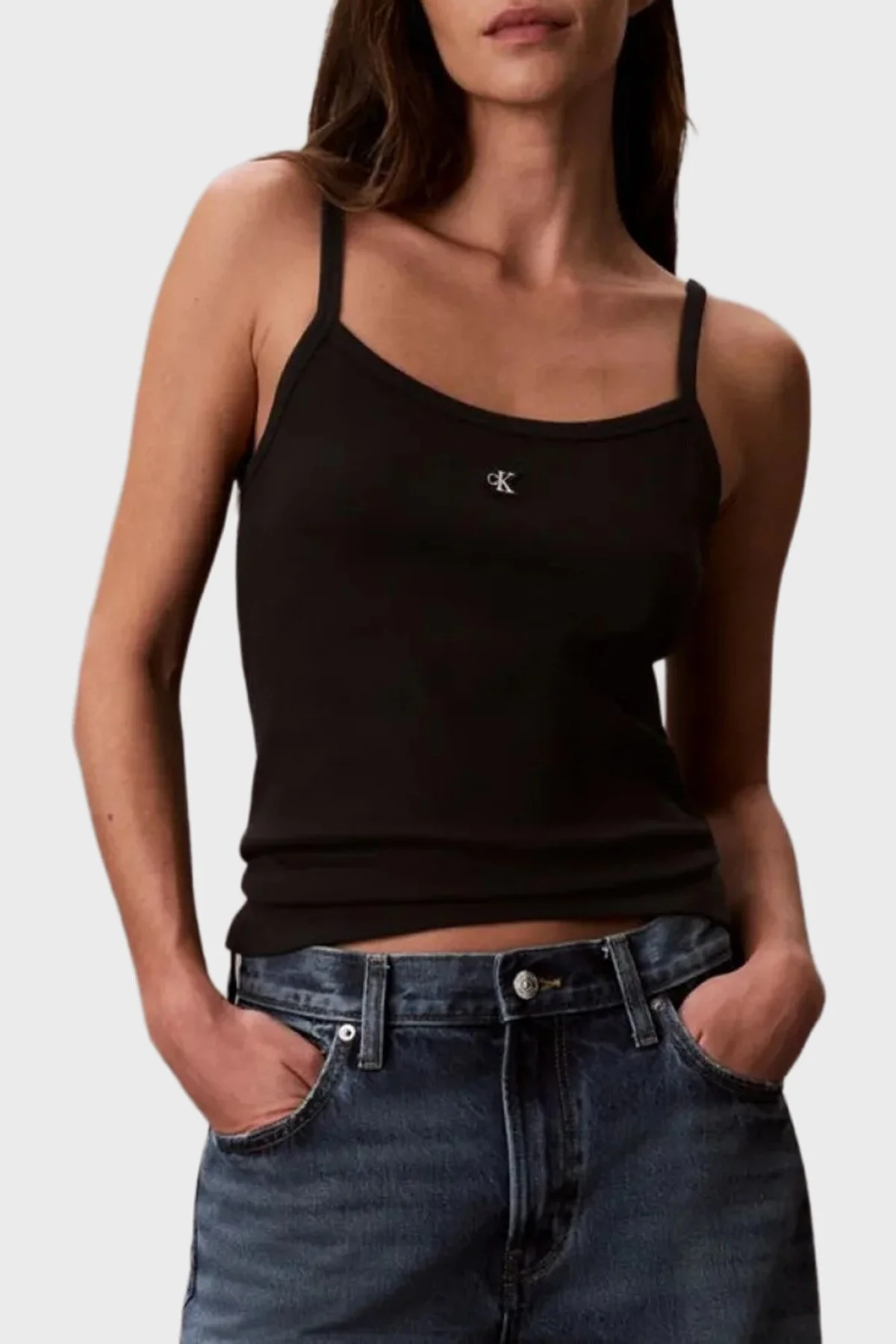 Calvin Klein Pamuklu Regular Fit Logolu Kare Yaka İp Askılı LV047G208GUB1 Kadın Top LV047G208G UB1 SİYAH - 1