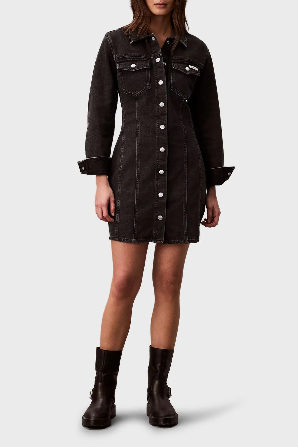 Calvin Klein Pamuklu Regular Fit Mini Boy Kot Gömlek LV047D775G846 Bayan Elbise LV047D775G 846 SİYAH - 4