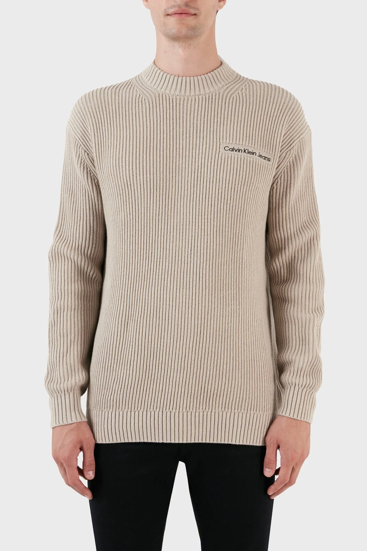 Calvin Klein Pamuklu Regular Fit Sıfır Yaka J30J323974PED Erkek Kazak J30J323974 PED BEJ - 1