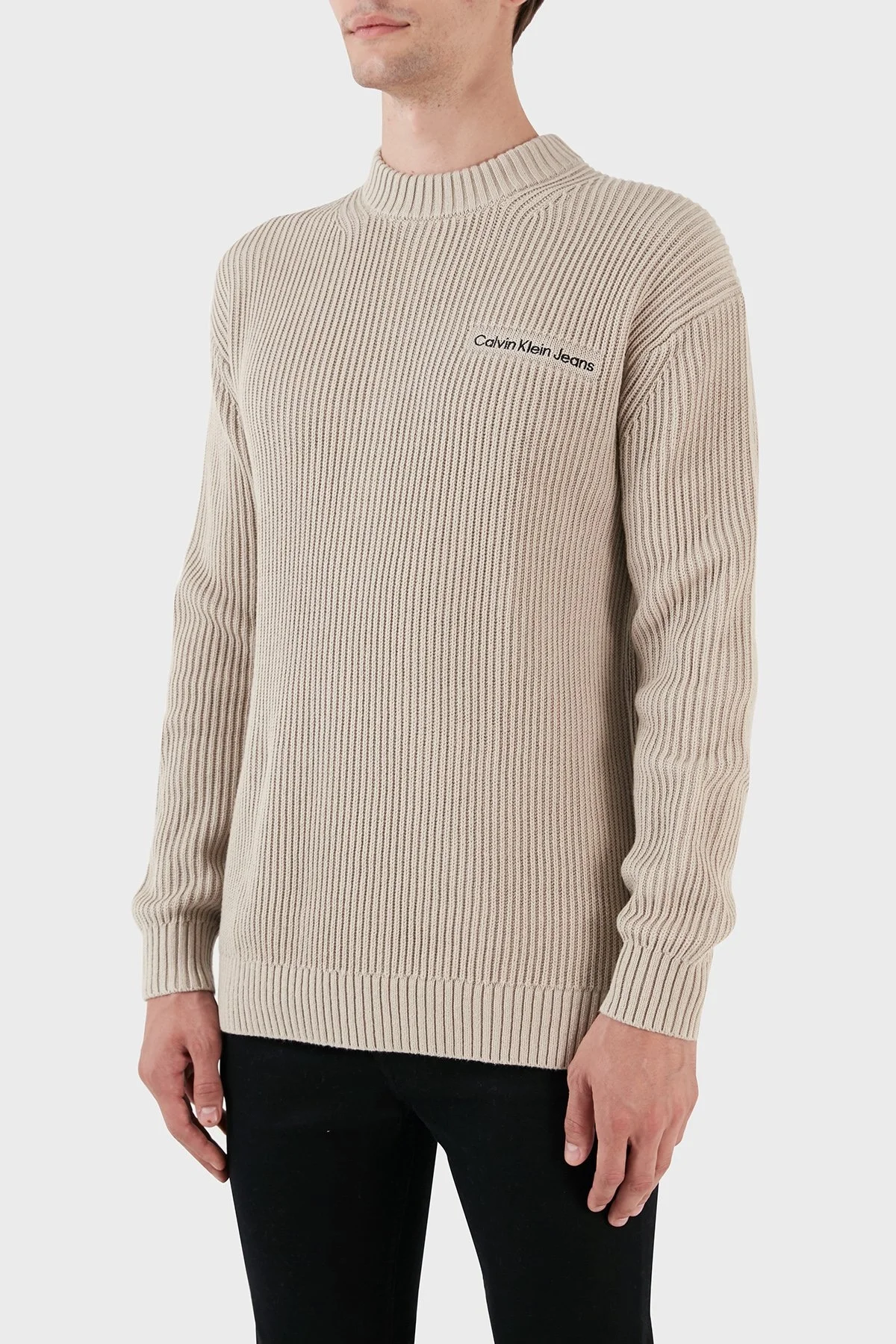 Calvin Klein Pamuklu Regular Fit Sıfır Yaka J30J323974PED Erkek Kazak J30J323974 PED BEJ - 4