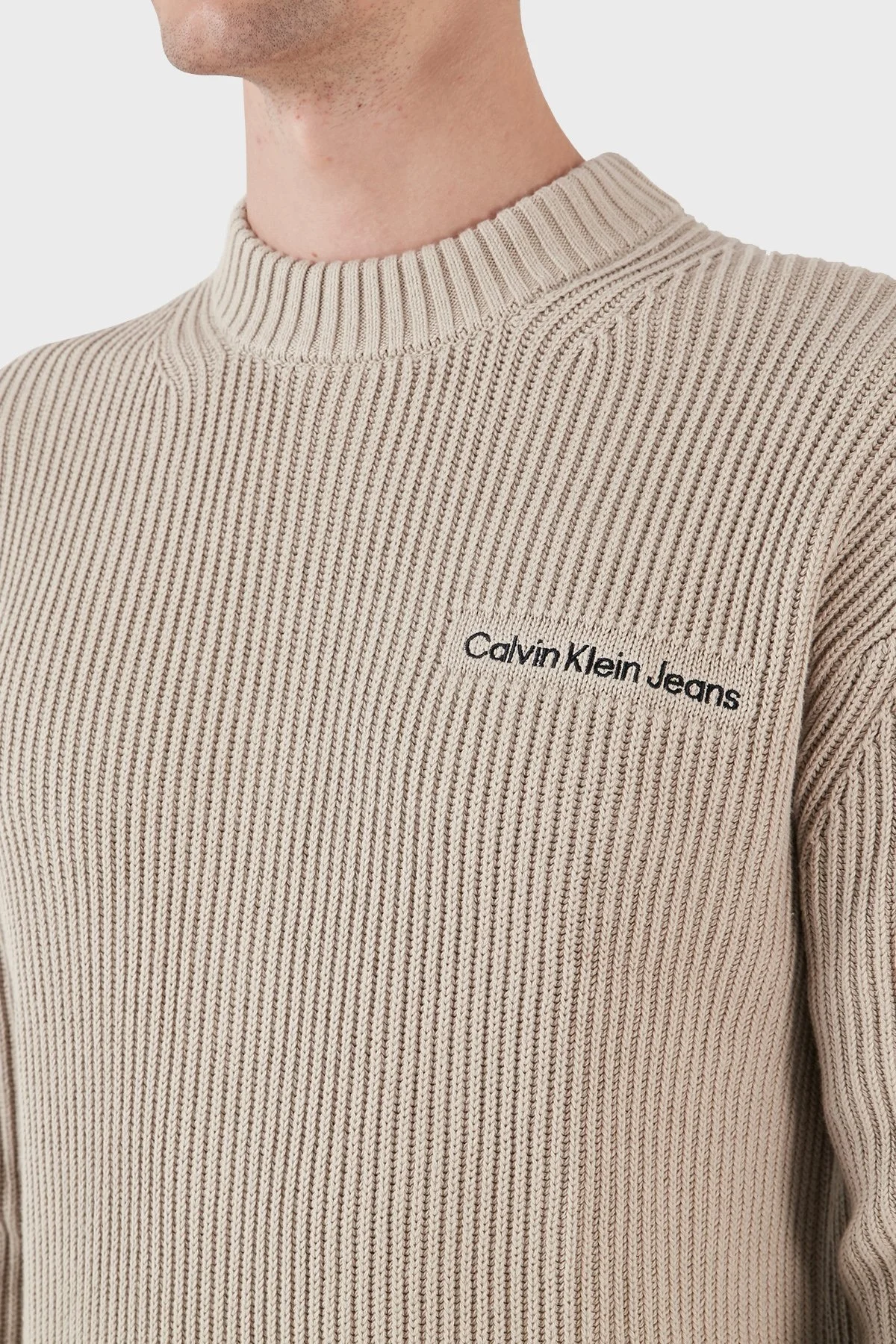 Calvin Klein Pamuklu Regular Fit Sıfır Yaka J30J323974PED Erkek Kazak J30J323974 PED BEJ - 5