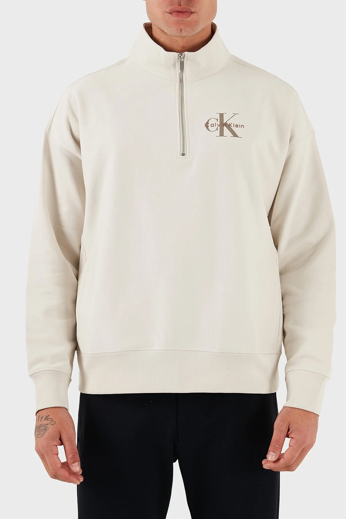 Calvin Klein Pamuklu Regular Fit Yarım Fermuarlı Dik Yaka LV04RD236G67U Erkek Sweat LV04RD236G 67U BEYAZ - 3