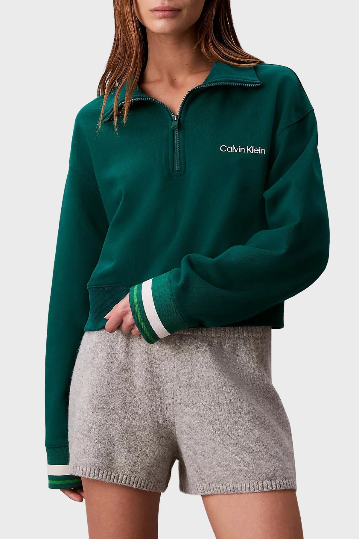 Calvin Klein Pamuklu Regular Fit Yarım Fermuarlı Dik Yaka LVGWF5W310IYE Bayan Sweat LVGWF5W310 IYE YEŞİL - 1