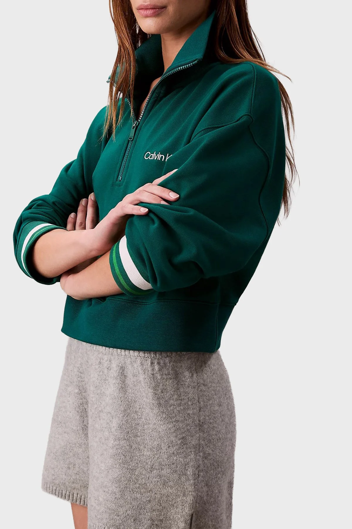 Calvin Klein Pamuklu Regular Fit Yarım Fermuarlı Dik Yaka LVGWF5W310IYE Bayan Sweat LVGWF5W310 IYE YEŞİL - 4