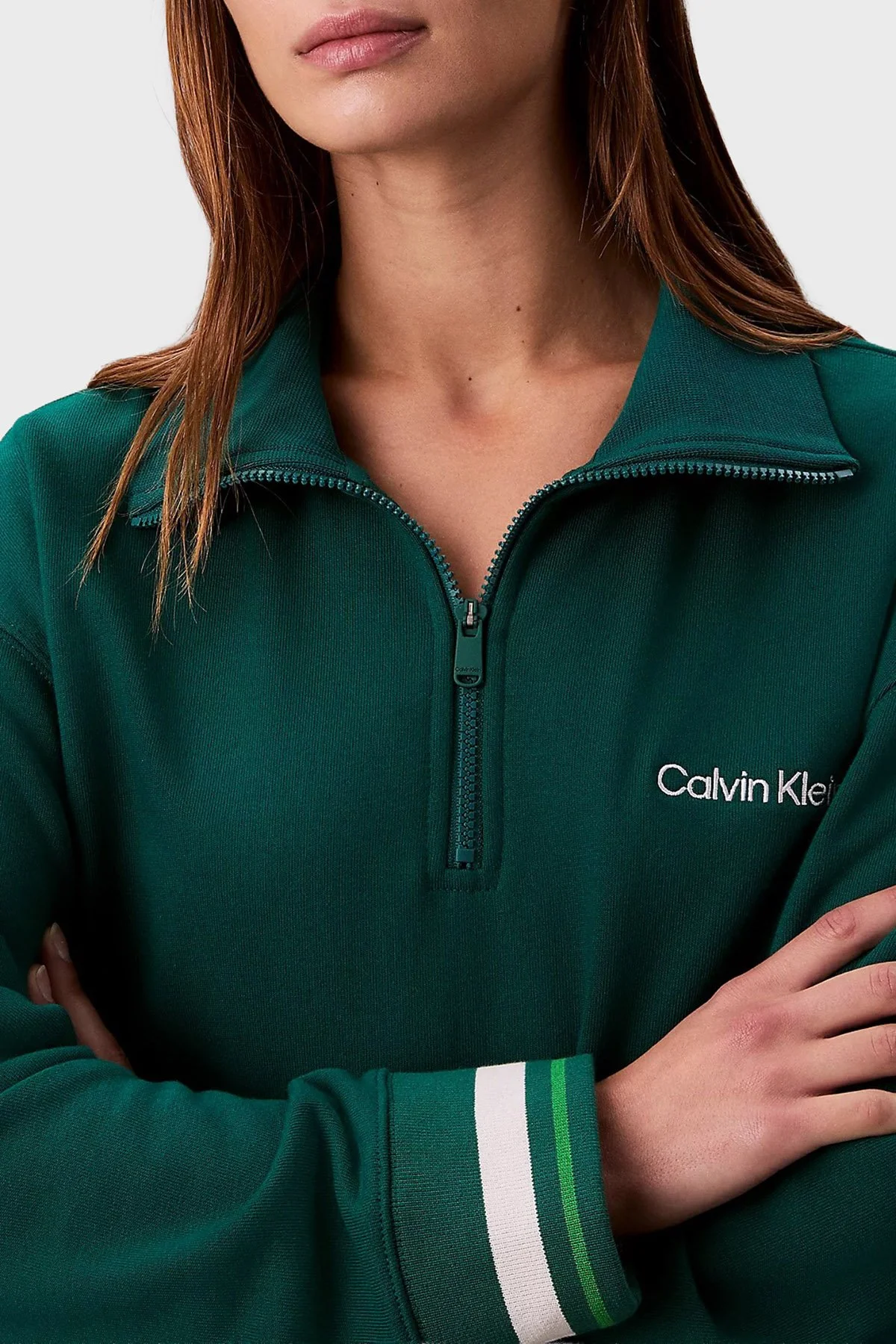 Calvin Klein Pamuklu Regular Fit Yarım Fermuarlı Dik Yaka LVGWF5W310IYE Bayan Sweat LVGWF5W310 IYE YEŞİL - 5