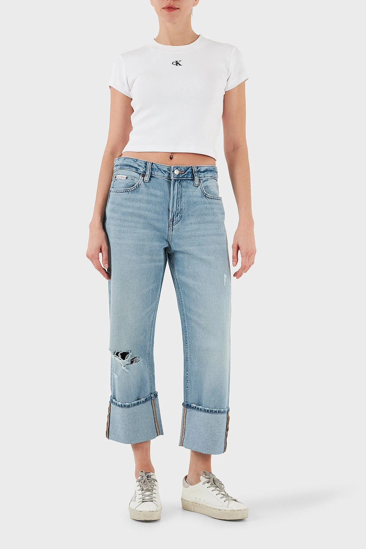 Calvin Klein Pamuklu Regular Fit Yüksek Bel Geniş Paça Jeans LV047C734GX26 Bayan Kot Pantolon LV047C734G X26 AÇIK MAVİ - 2