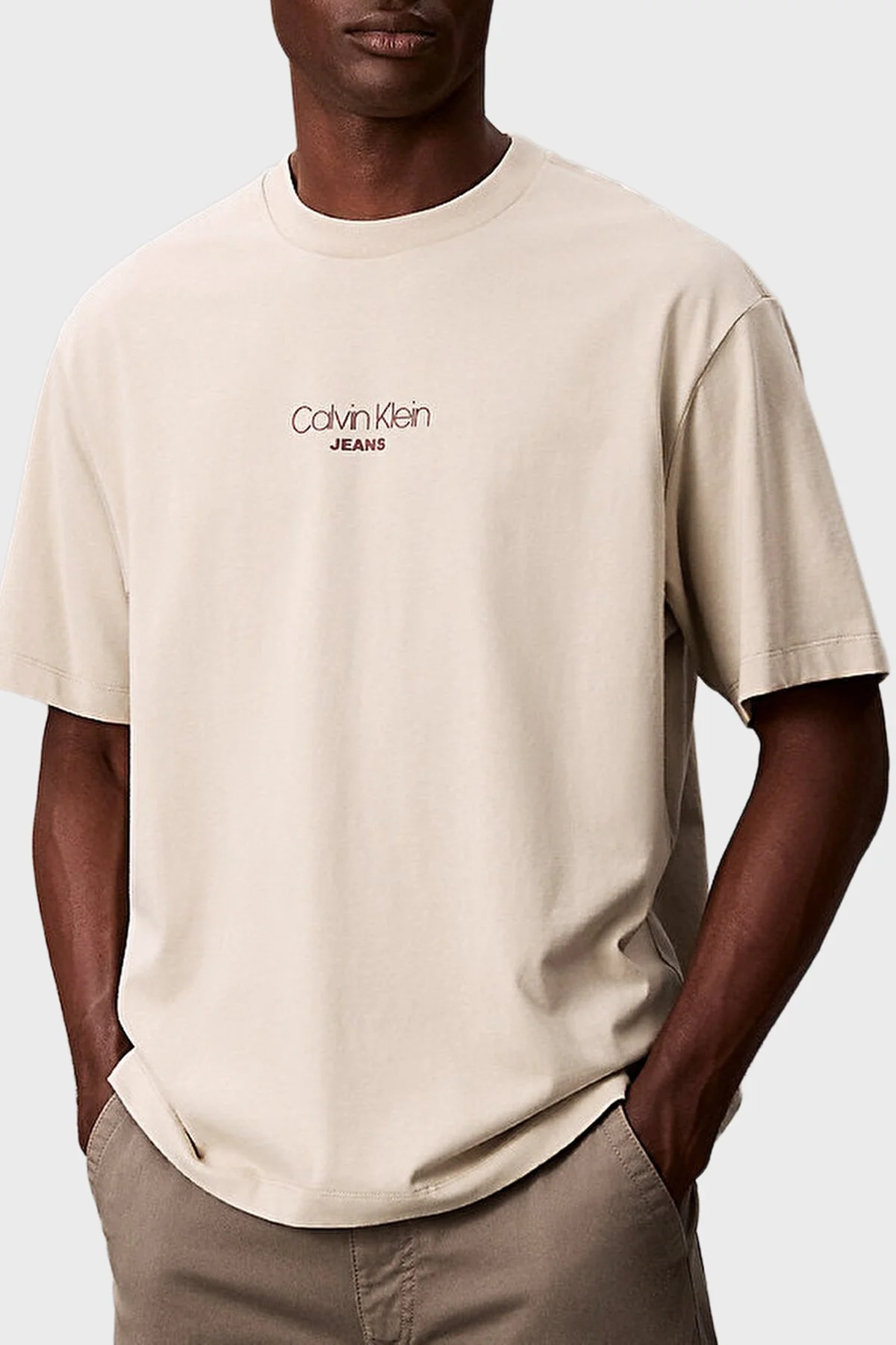 Calvin Klein Pamuklu Relaxed Fit Bisiklet Yaka Logolu LV04RC851G2F2 Erkek T Shirt LV04RC851G 2F2 BEJ - 1