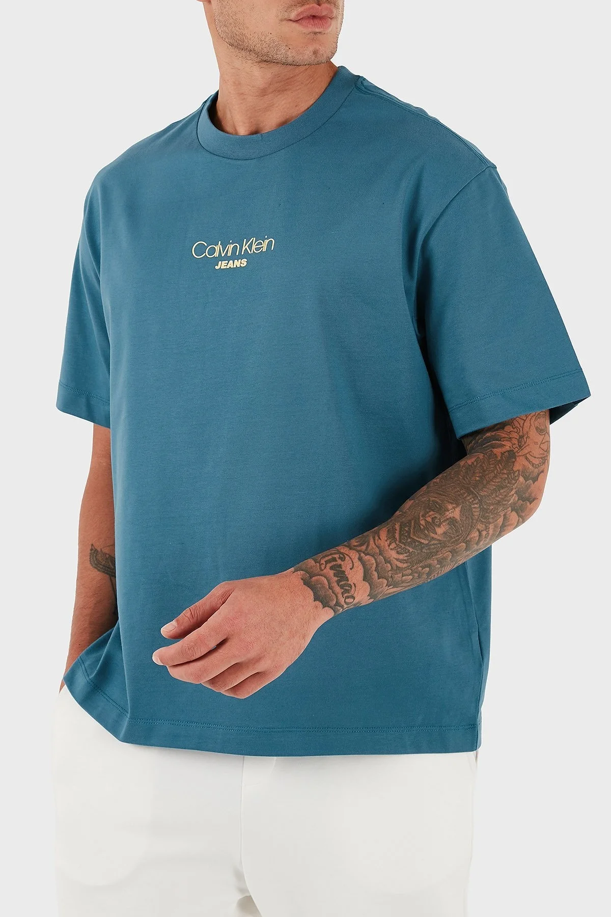 Calvin Klein Pamuklu Relaxed Fit Bisiklet Yaka Logolu LV04RC851GCCY Erkek T Shirt LV04RC851G CCY PETROL - 3