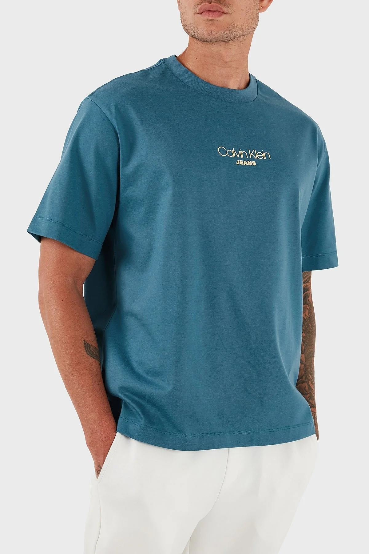 Calvin Klein Pamuklu Relaxed Fit Bisiklet Yaka Logolu LV04RC851GCCY Erkek T Shirt LV04RC851G CCY PETROL - 4