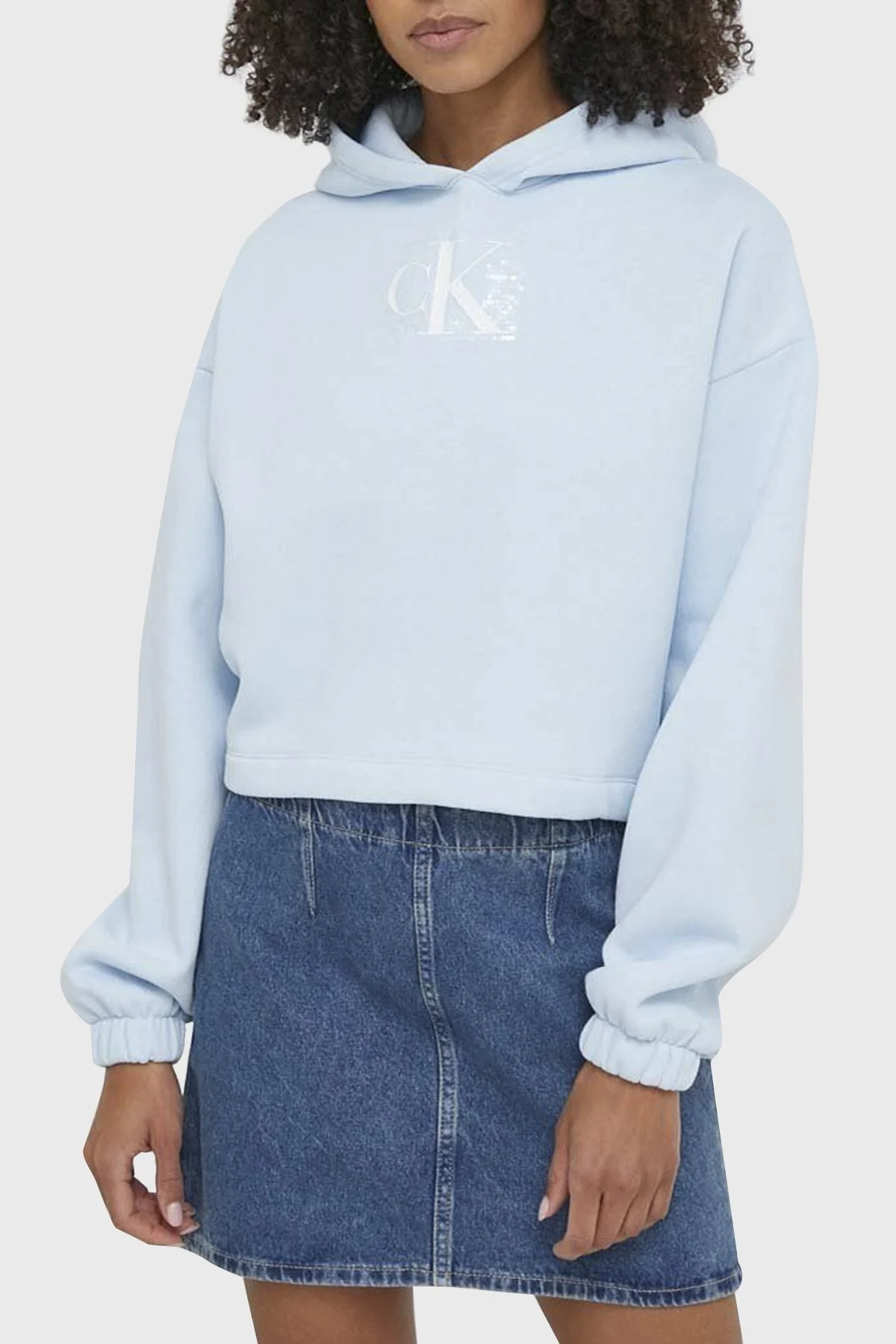 Calvin Klein Pamuklu Relaxed Fit Kapüşonlu Crop J20J222962CYR Bayan Sweat J20J222962 CYR AÇIK MAVİ - 1