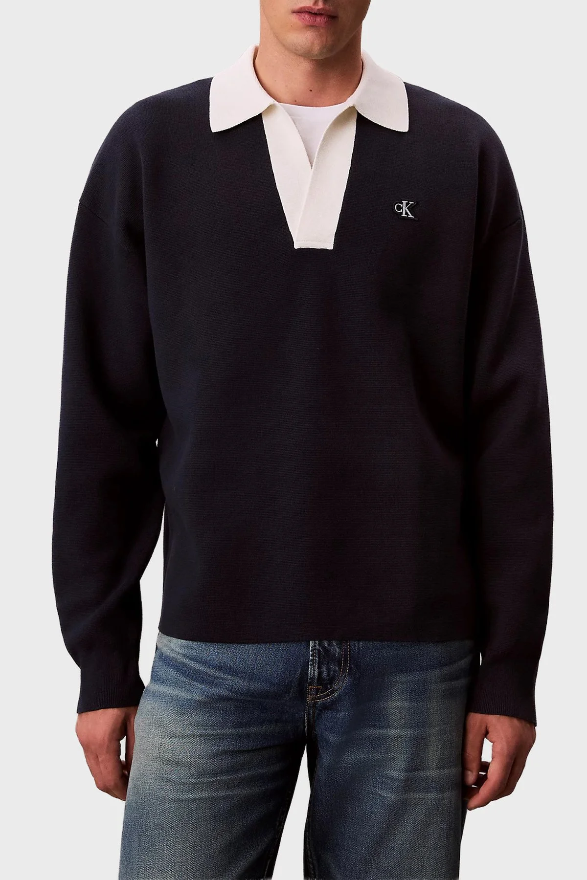 Calvin Klein Pamuklu Relaxed Fit LV04RD303GCEF Erkek Polo Yaka Kazak LV04RD303G CEF LACİVERT - 1