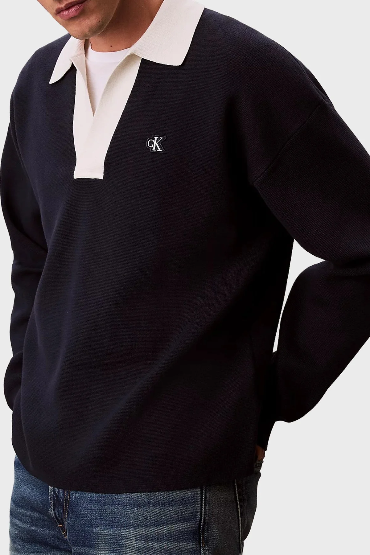 Calvin Klein Pamuklu Relaxed Fit LV04RD303GCEF Erkek Polo Yaka Kazak LV04RD303G CEF LACİVERT - 4