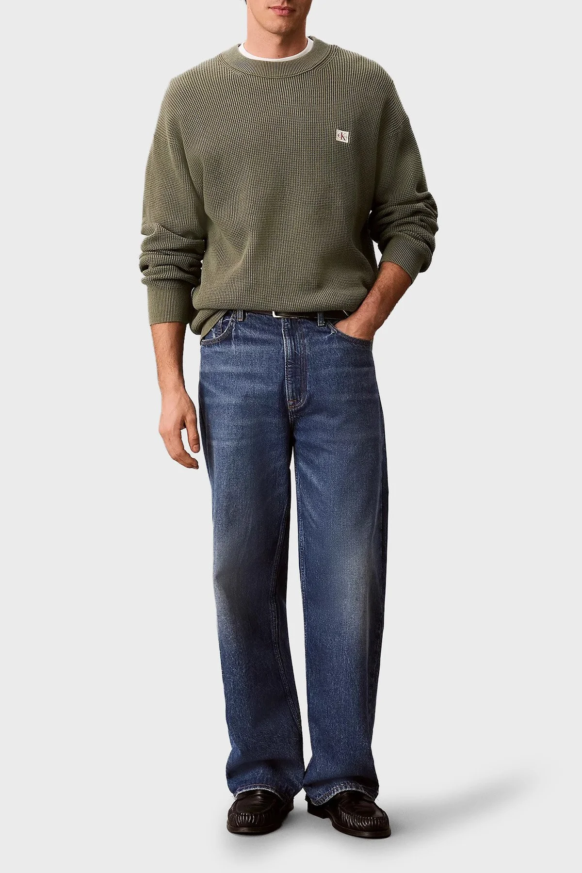 Calvin Klein Pamuklu Relaxed Fit Waffle LV04RD313GLDY Erkek Kazak LV04RD313G LDY HAKİ - 2