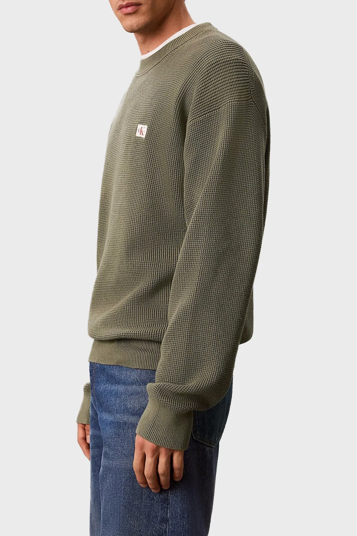 Calvin Klein Pamuklu Relaxed Fit Waffle LV04RD313GLDY Erkek Kazak LV04RD313G LDY HAKİ - 4