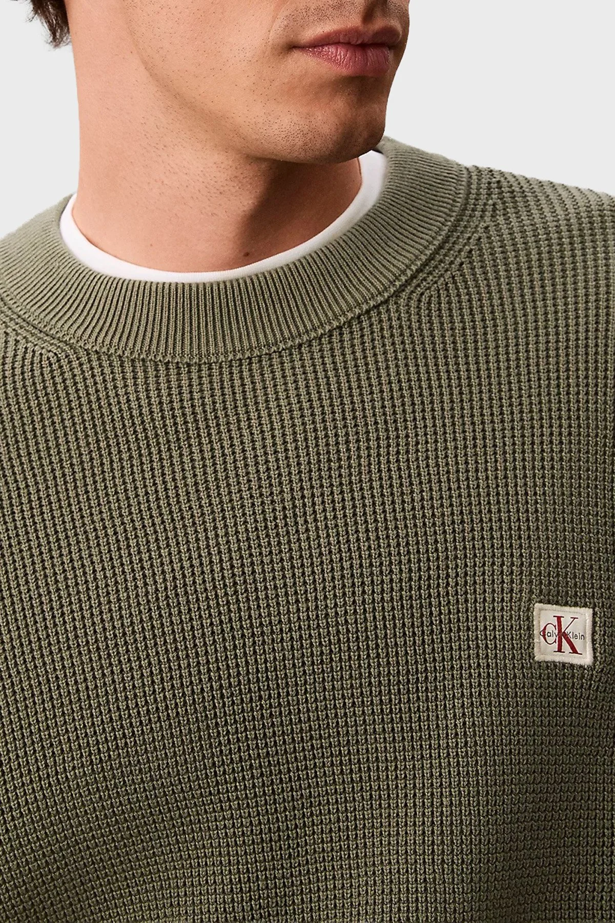 Calvin Klein Pamuklu Relaxed Fit Waffle LV04RD313GLDY Erkek Kazak LV04RD313G LDY HAKİ - 6