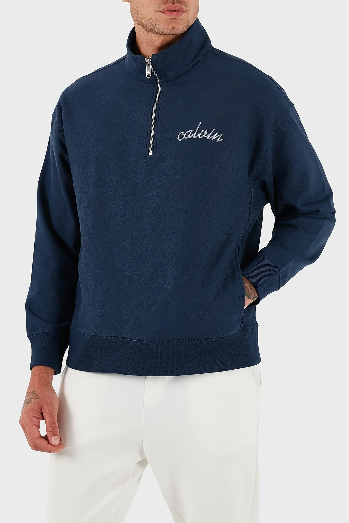 Calvin Klein Pamuklu Relaxed Fit Yarım Fermuarlı Dik Yaka LV04RC227GC3I Erkek Sweat LV04RC227G C3I LACİVERT - 4