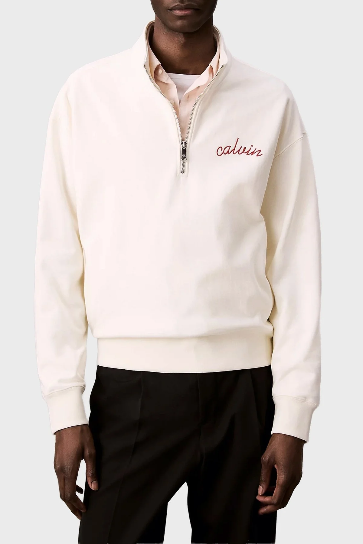 Calvin Klein Pamuklu Relaxed Fit Yarım Fermuarlı Dik Yaka LV04RC227GYAS Erkek Sweat LV04RC227G YAS BEYAZ - 1