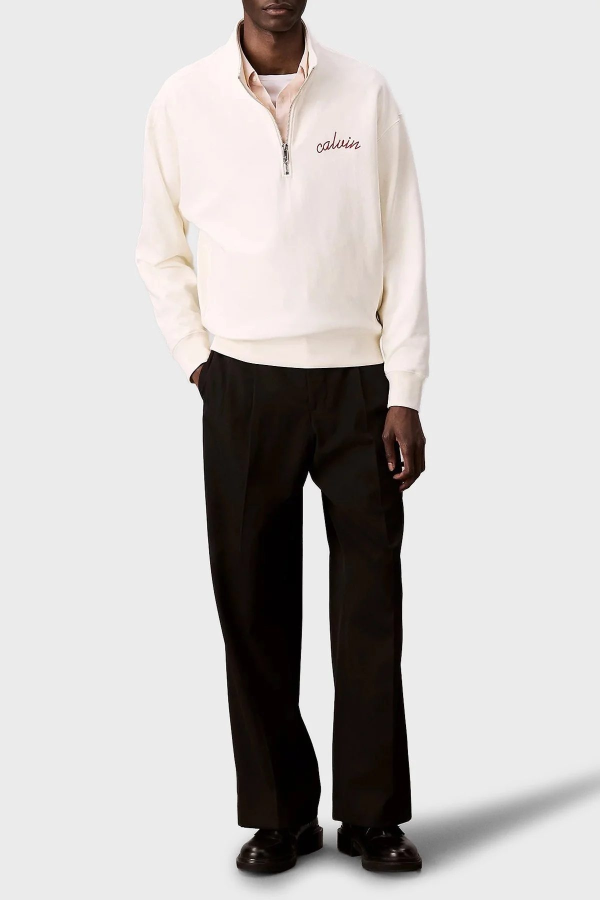 Calvin Klein Pamuklu Relaxed Fit Yarım Fermuarlı Dik Yaka LV04RC227GYAS Erkek Sweat LV04RC227G YAS BEYAZ - 2