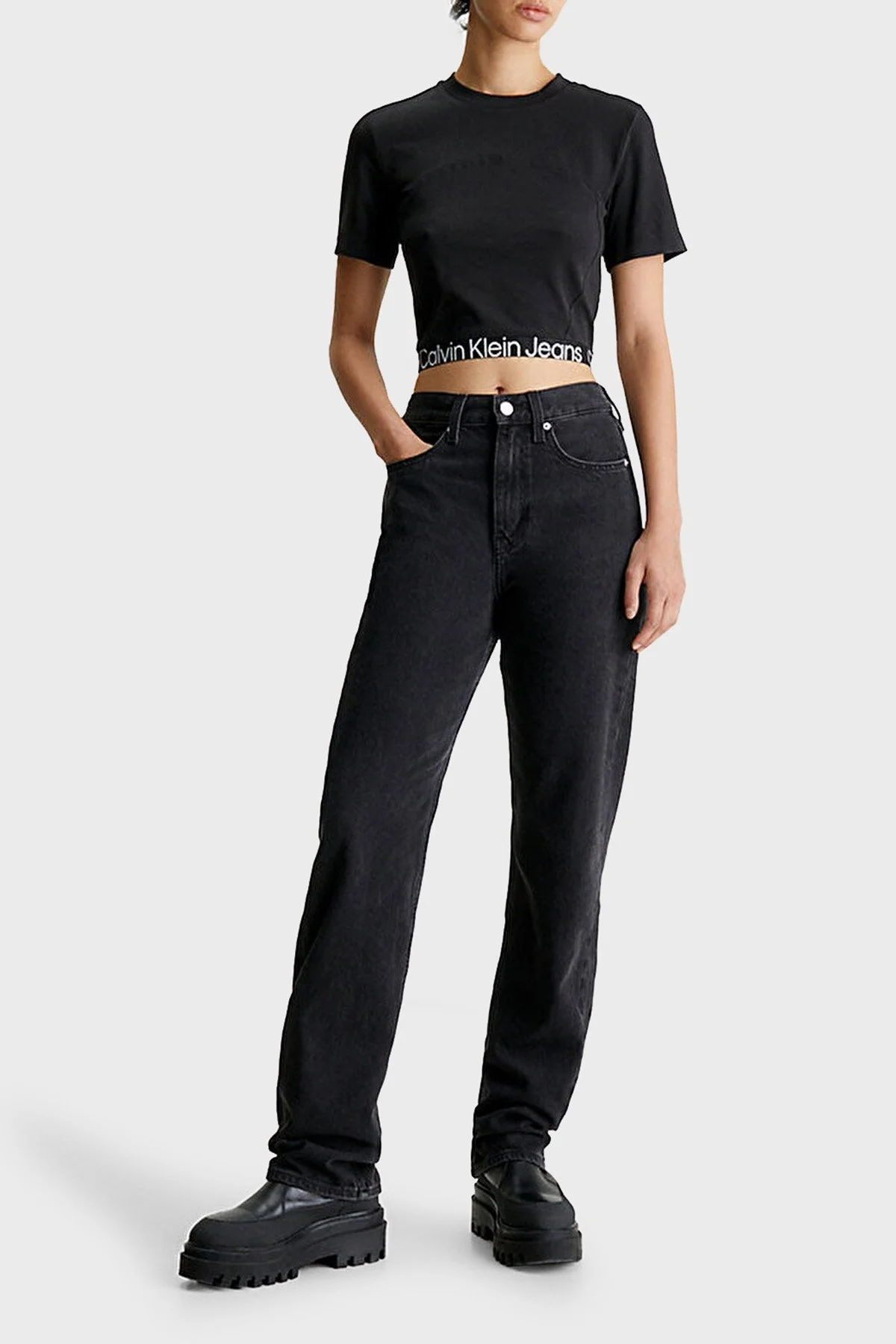 Calvin Klein Pamuklu Slim Fit Bisiklet Yaka Crop J20J222189BEH Bayan T Shirt J20J222189 BEH SİYAH - 3