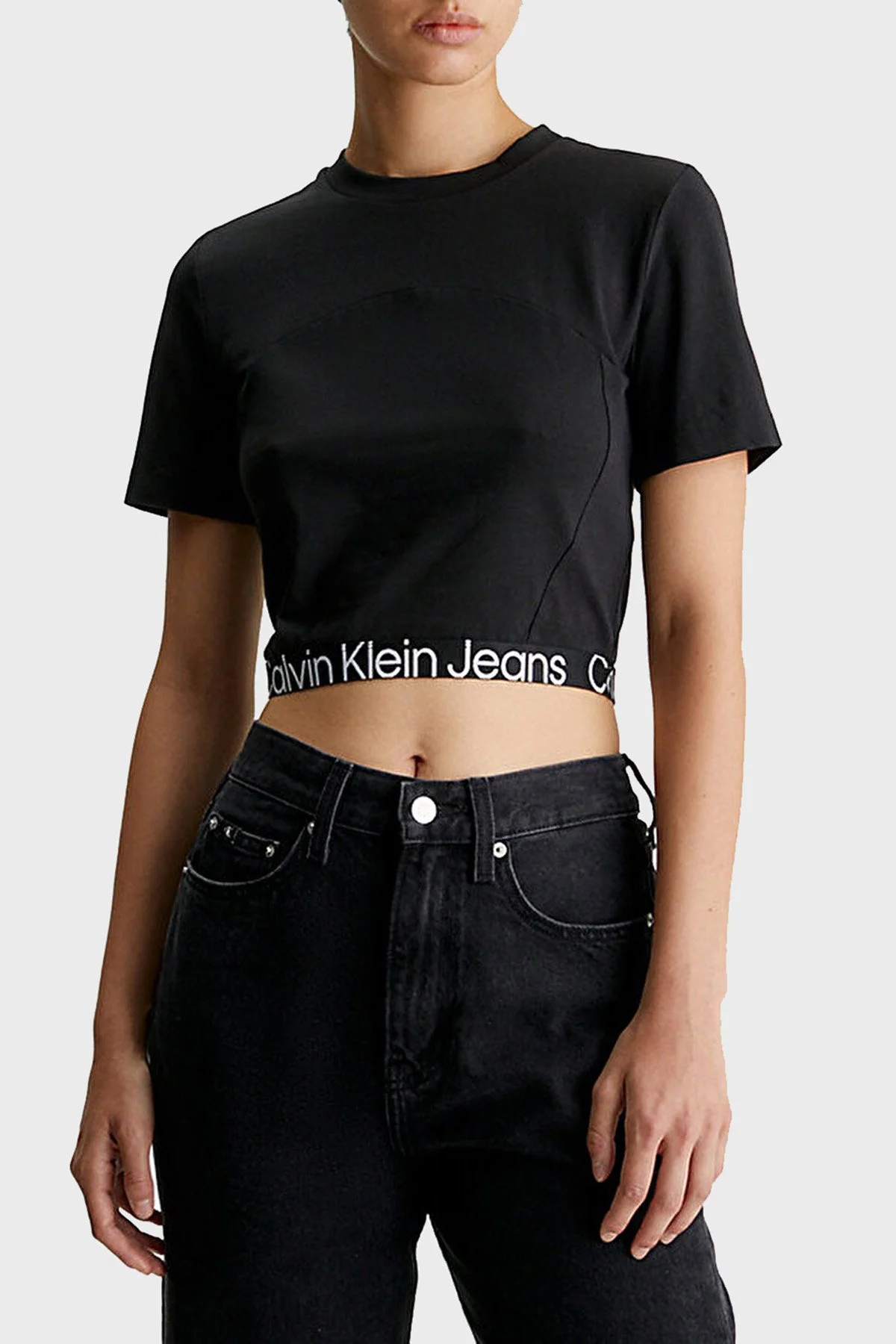 Calvin Klein Pamuklu Slim Fit Bisiklet Yaka Crop J20J222189BEH Bayan T Shirt J20J222189 BEH SİYAH - 1