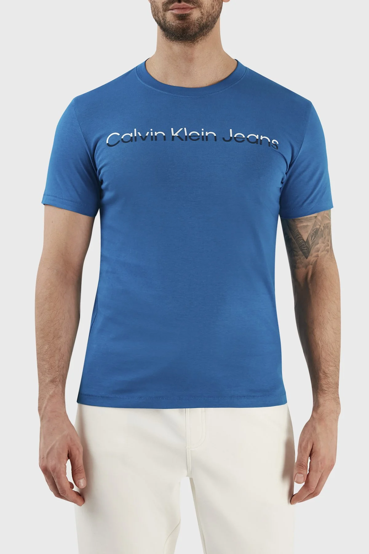 Calvin Klein Pamuklu Slim Fit Bisiklet Yaka J30J322511C3B Erkek T Shirt J30J322511 C3B MAVİ - 1