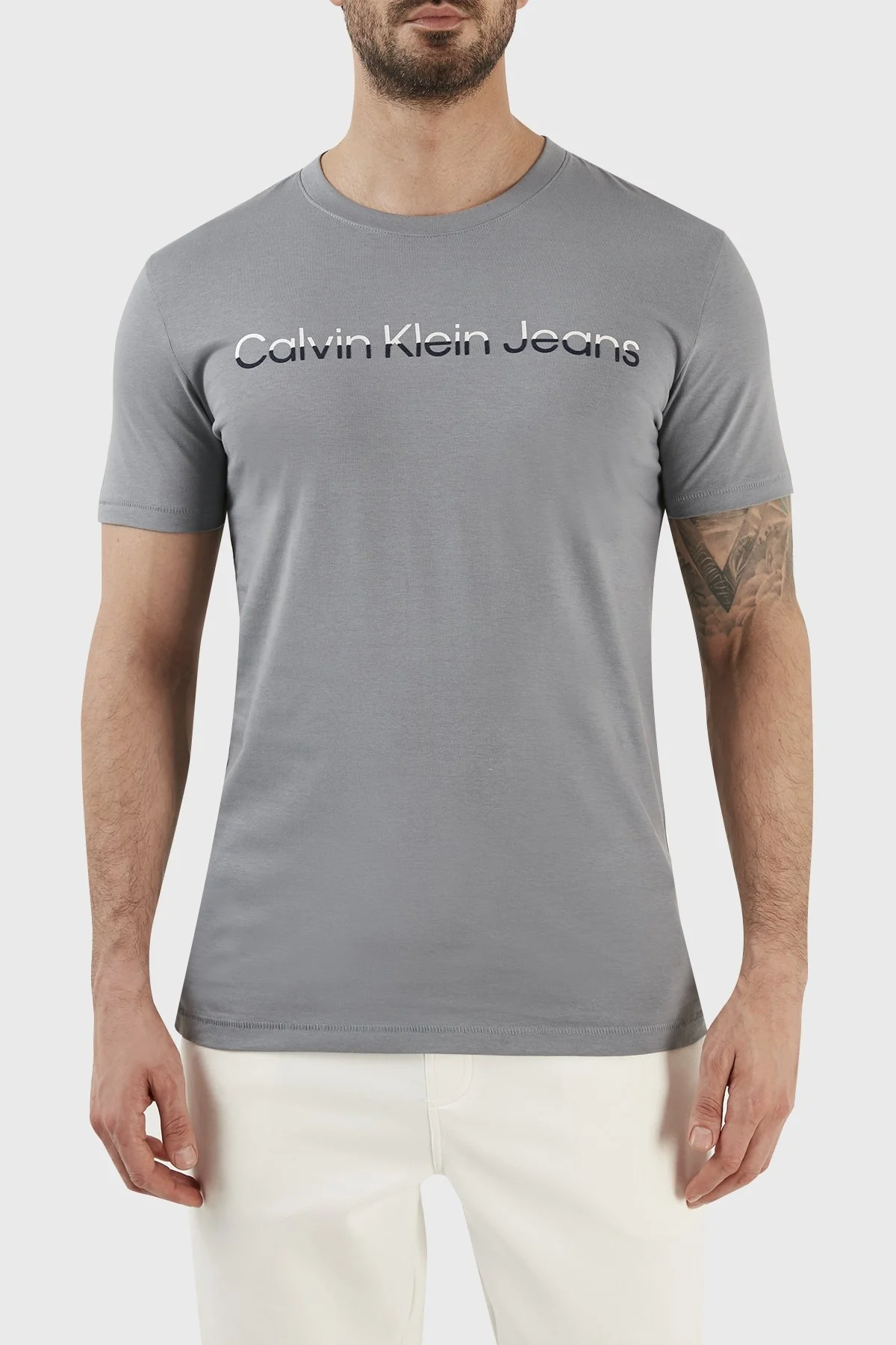 Calvin Klein Pamuklu Slim Fit Bisiklet Yaka J30J322511PN6 Erkek T Shirt J30J322511 PN6 GRİ - 1