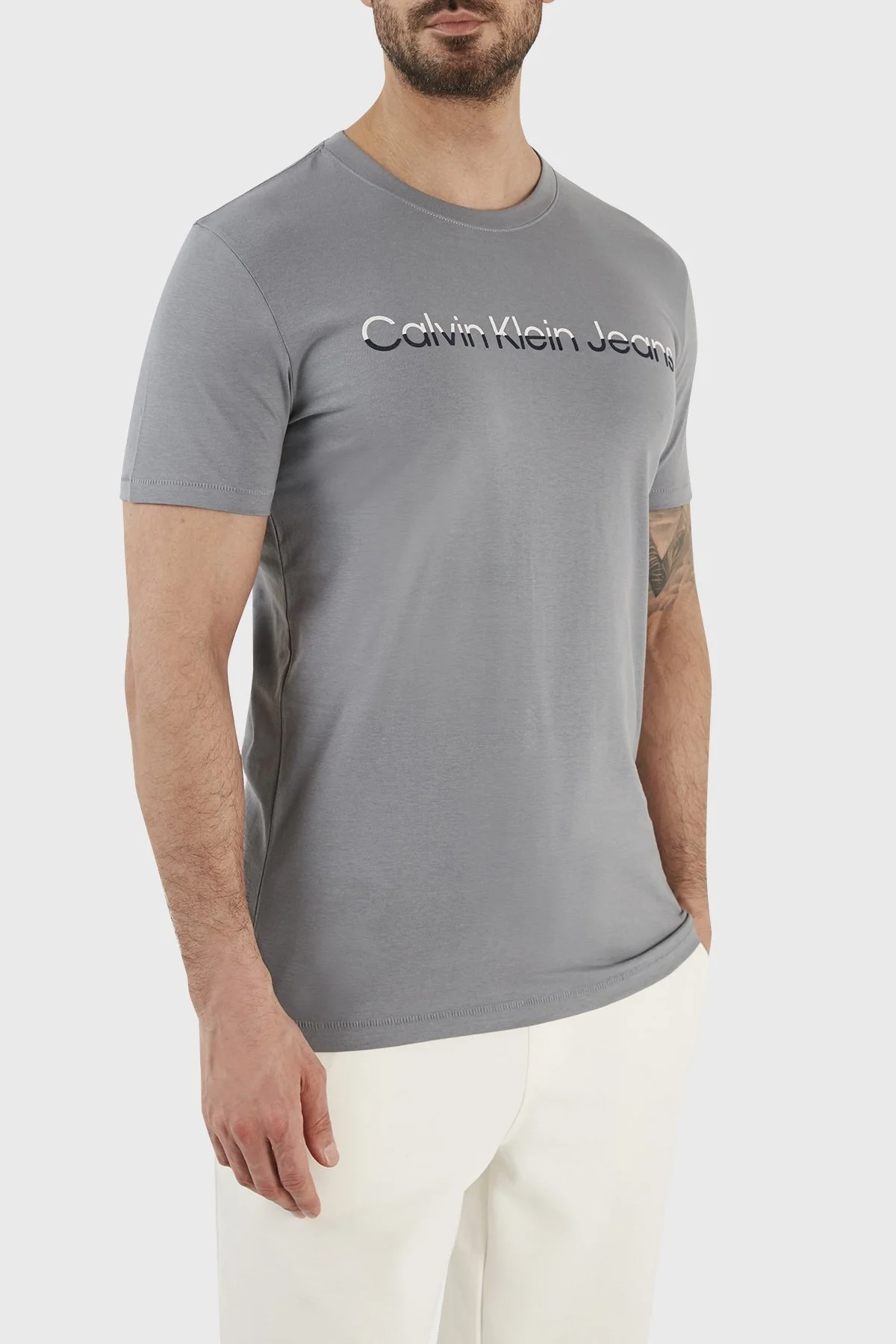 Calvin Klein Pamuklu Slim Fit Bisiklet Yaka J30J322511PN6 Erkek T Shirt J30J322511 PN6 GRİ - 3