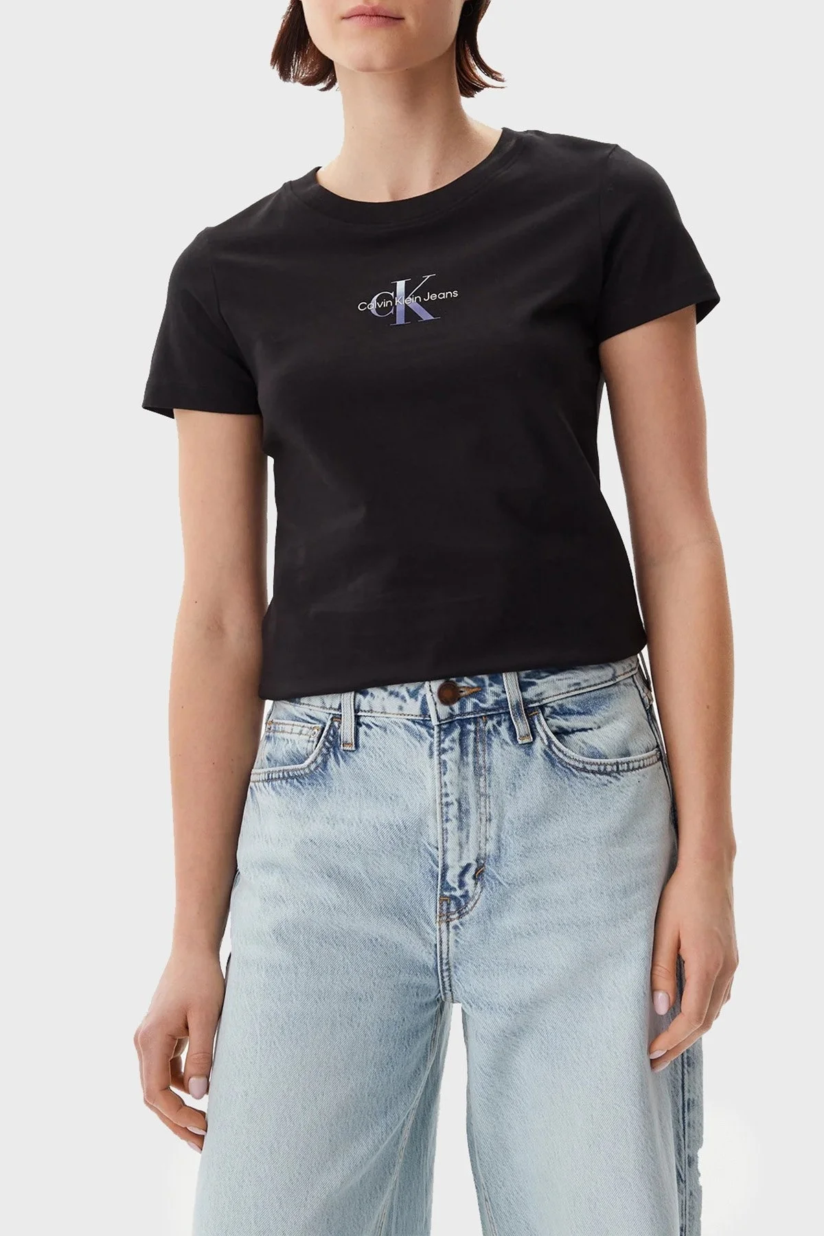 Calvin Klein Pamuklu Slim Fit Bisiklet Yaka Logolu J20J225252BEH Bayan T Shirt J20J225252 BEH SİYAH - 1