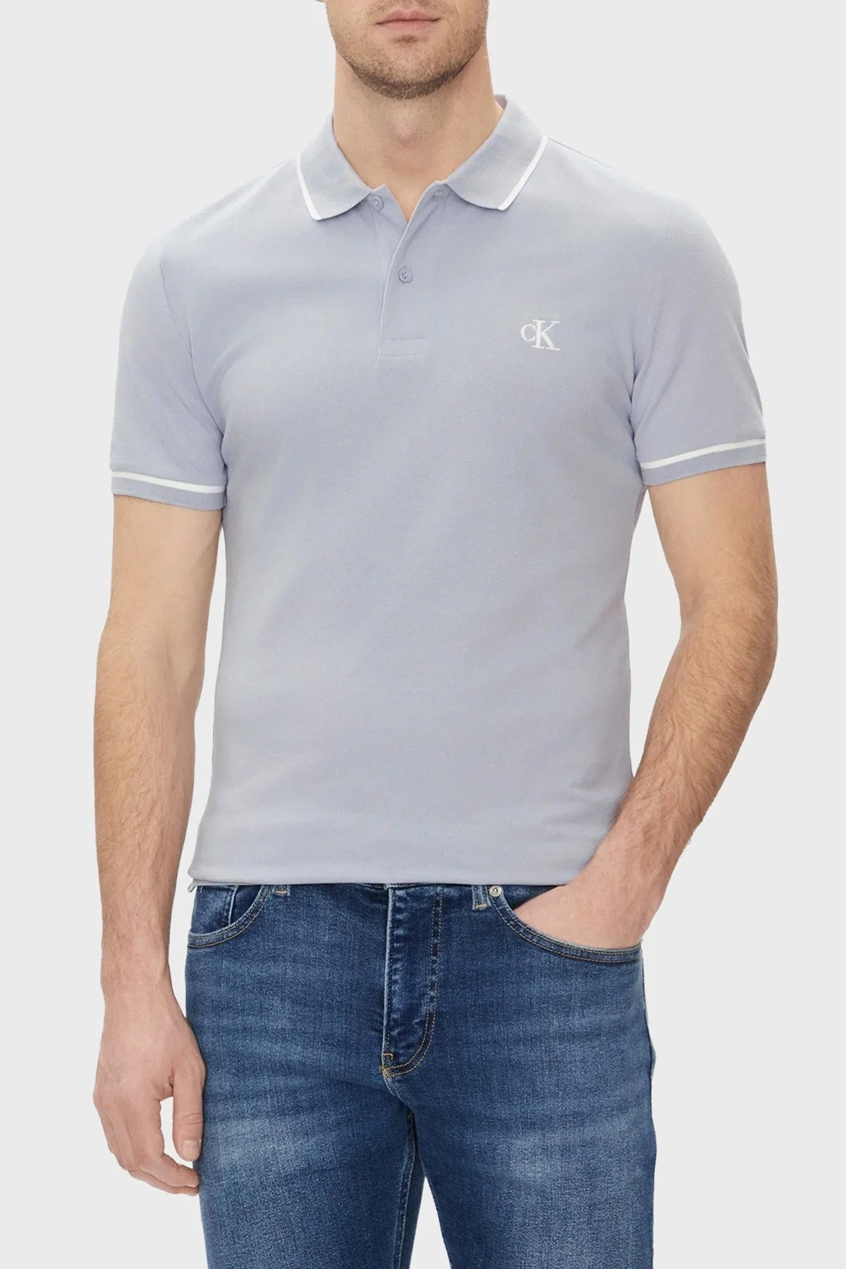 Calvin Klein Pamuklu Slim Fit Düğmeli J30J315603CAG Erkek Polo Yaka T Shirt J30J315603 CAG AÇIK MAVİ - 5