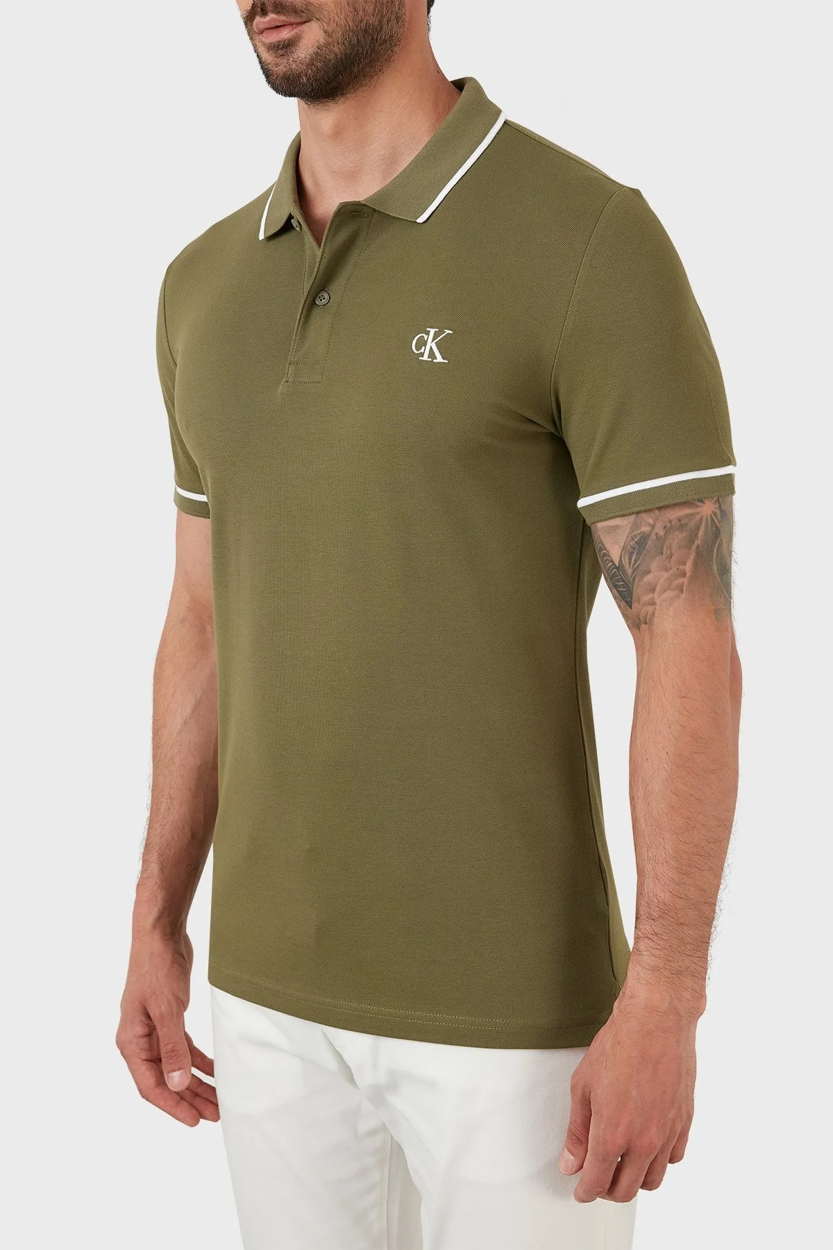 Calvin Klein Pamuklu Slim Fit Düğmeli T Shirt Erkek Polo J30J315603 LB6 HAKİ - 2