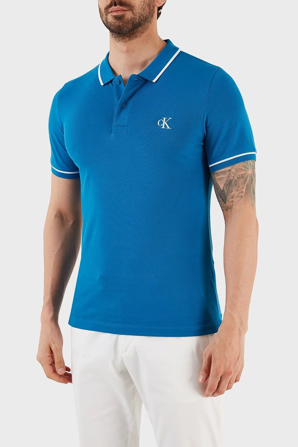 Calvin Klein Pamuklu Slim Fit Düğmeli Yaka J30J315603C3B Erkek Polo T Shirt J30J315603 C3B MAVİ - 2