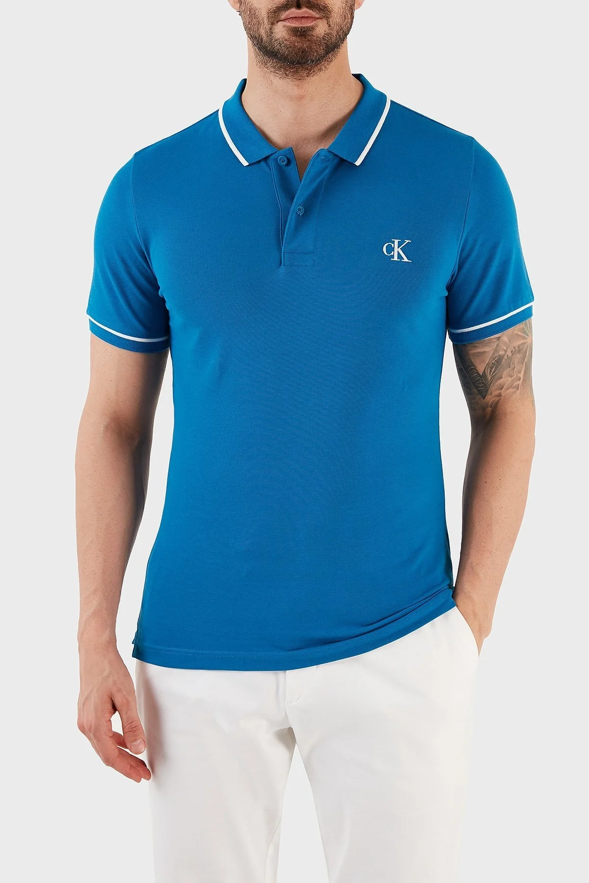 Calvin Klein Pamuklu Slim Fit Düğmeli Yaka J30J315603C3B Erkek Polo T Shirt J30J315603 C3B MAVİ - 3