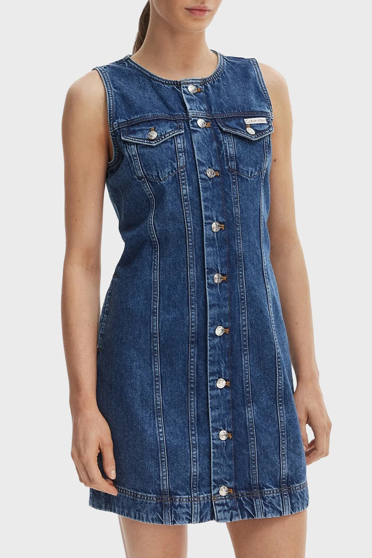 Calvin Klein Pamuklu Slim Fit Düğmeli Yuvarlak Yaka Kot LV047F761G0LX Kadın Elbise LV047F761G 0LX LACİVERT - 1