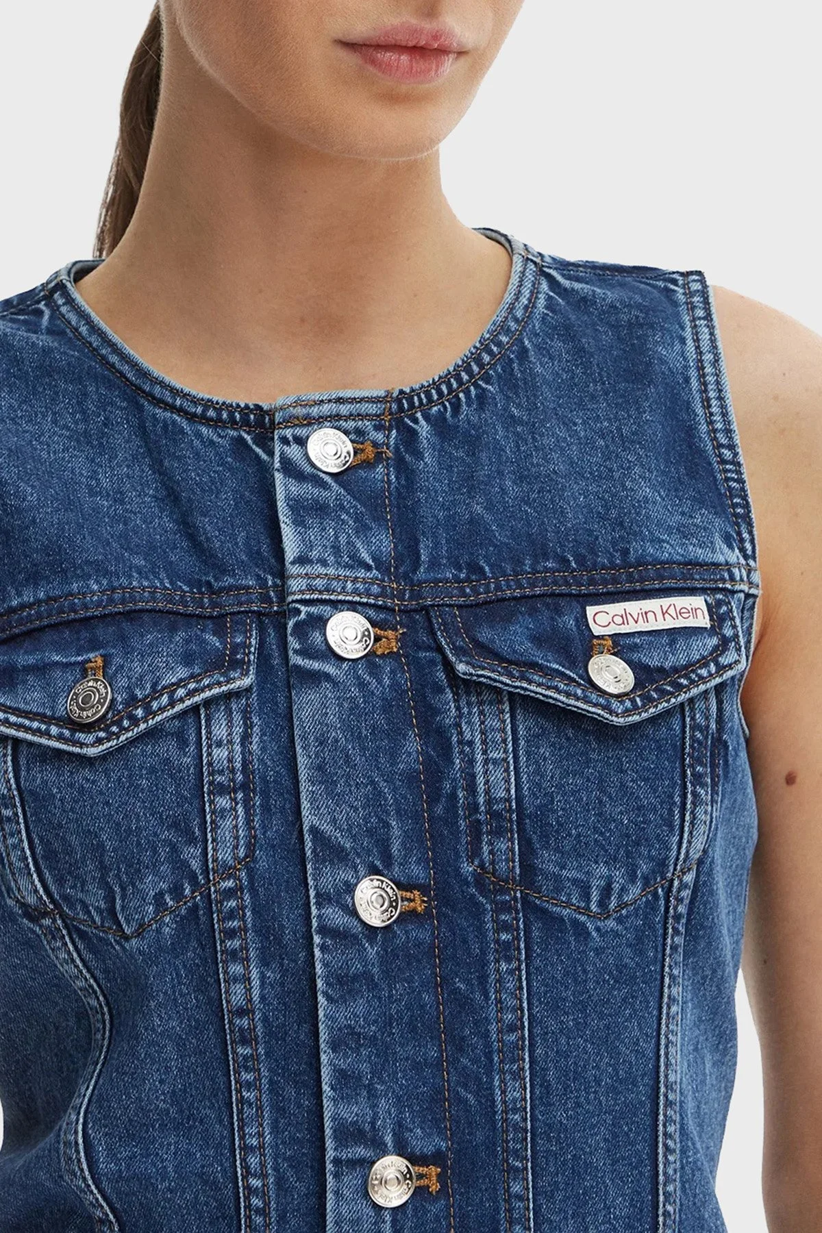 Calvin Klein Pamuklu Slim Fit Düğmeli Yuvarlak Yaka Kot LV047F761G0LX Kadın Elbise LV047F761G 0LX LACİVERT - 4