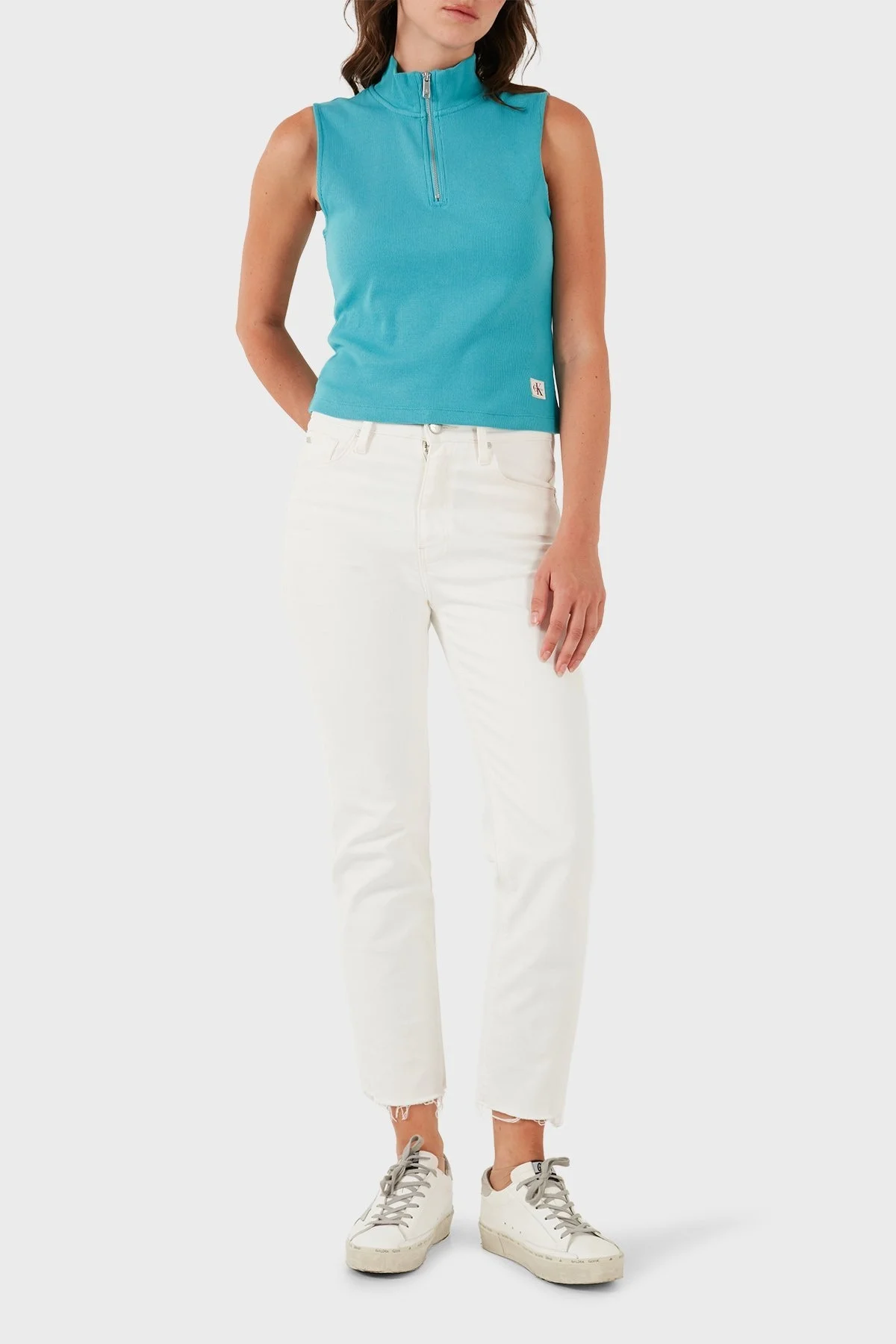Calvin Klein Pamuklu Slim Fit Fermuarlı Dik Yaka Logolu LV047C909GXEG Bayan Top LV047C909G XEG TURKUAZ - 2