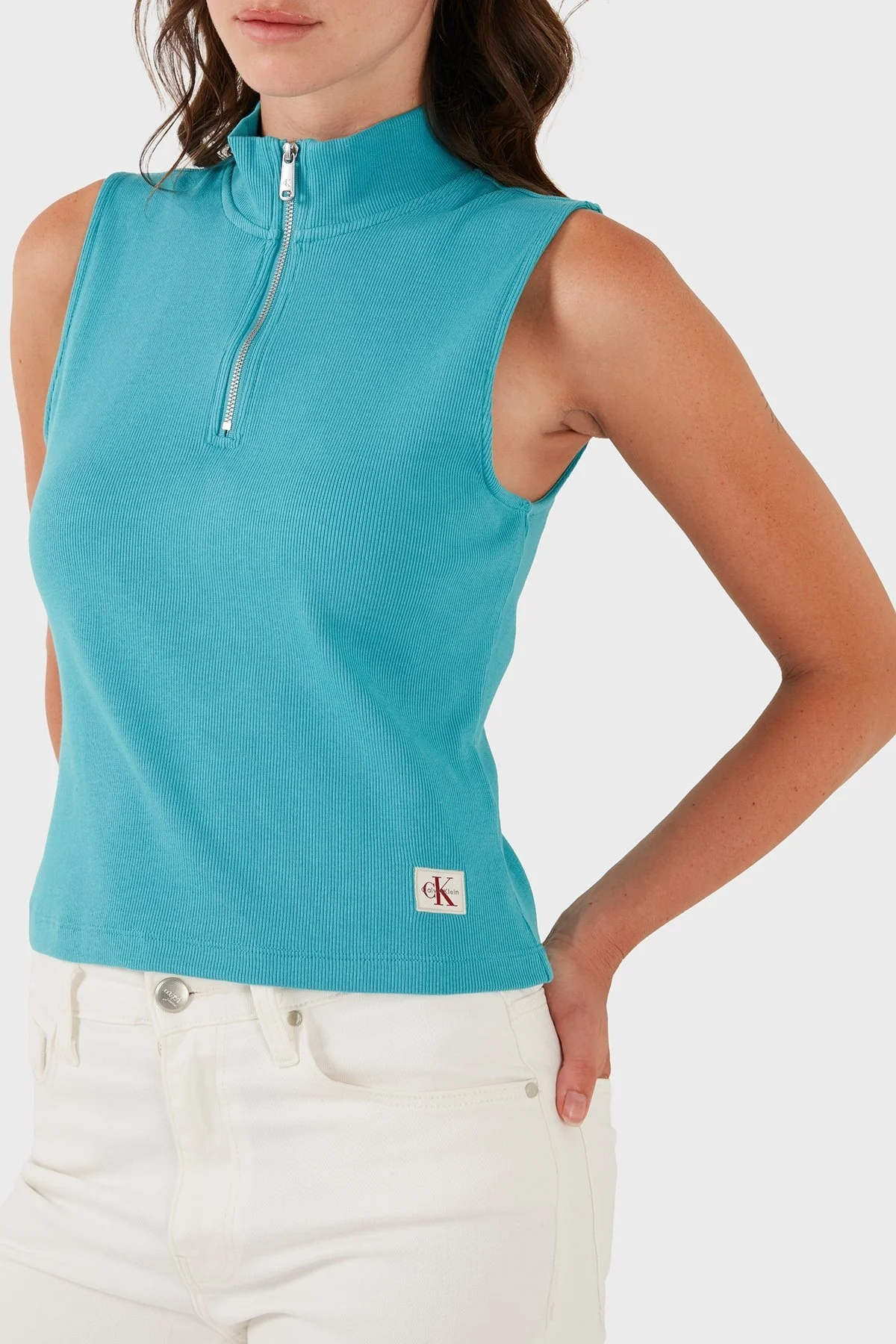 Calvin Klein Pamuklu Slim Fit Fermuarlı Dik Yaka Logolu LV047C909GXEG Bayan Top LV047C909G XEG TURKUAZ - 5