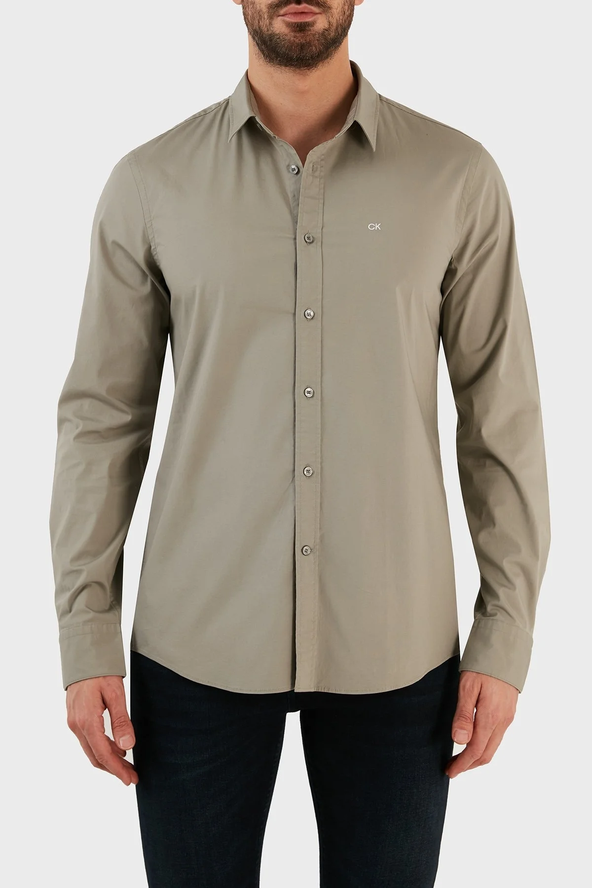 Calvin Klein Pamuklu Slim Fit İnce Poplin Streç Erkek Gömlek K10K110856 CHH GRİ - 1